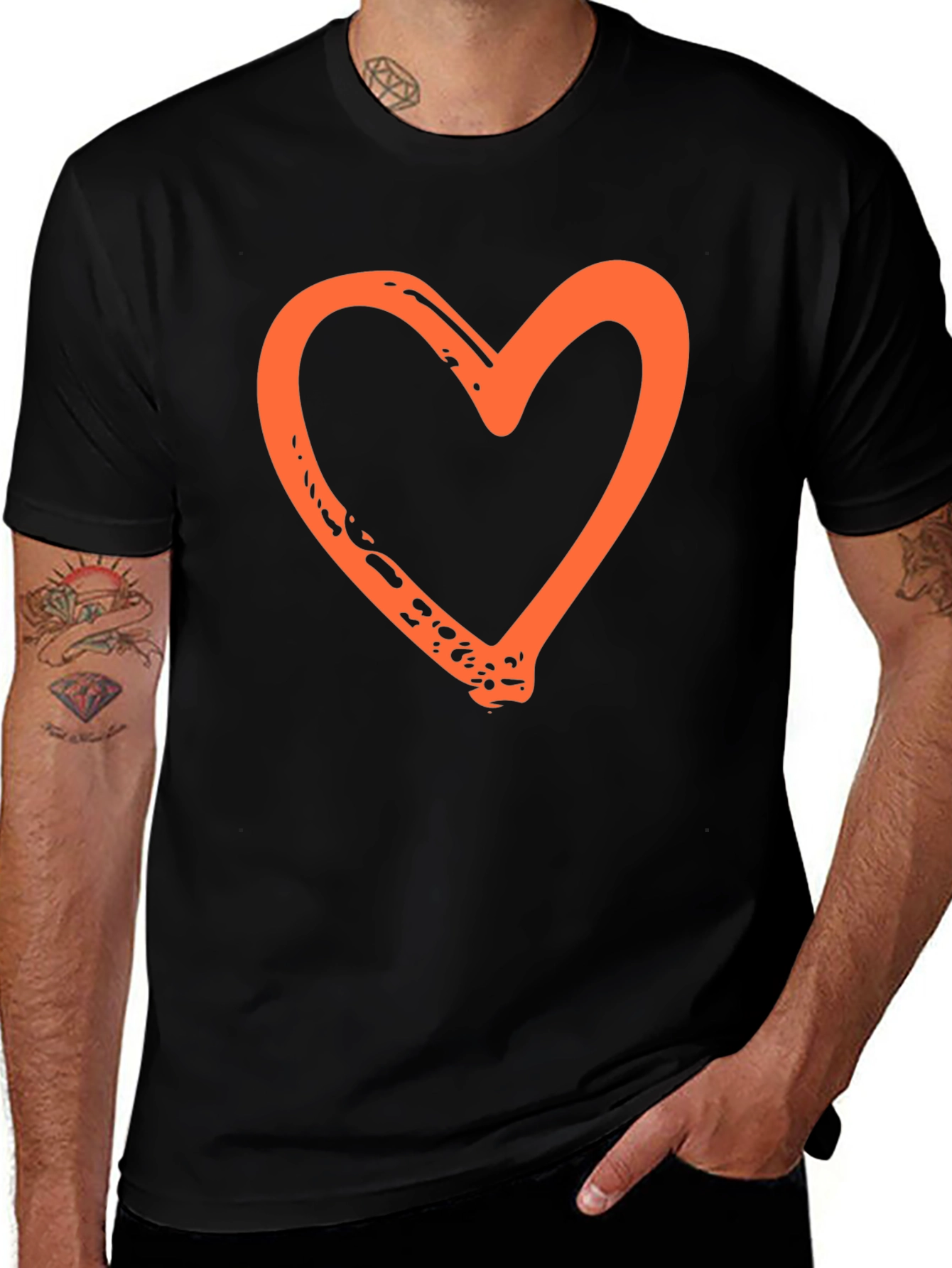 Orange Heart Graphic Black T-Shirt
