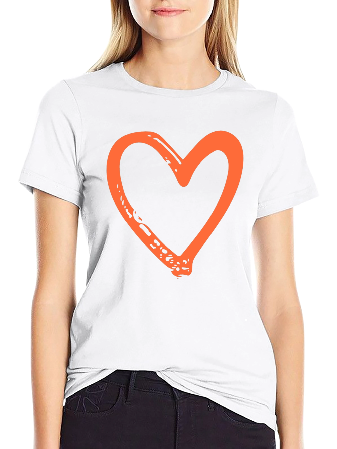 Orange Heart Graphic Black T-Shirt
