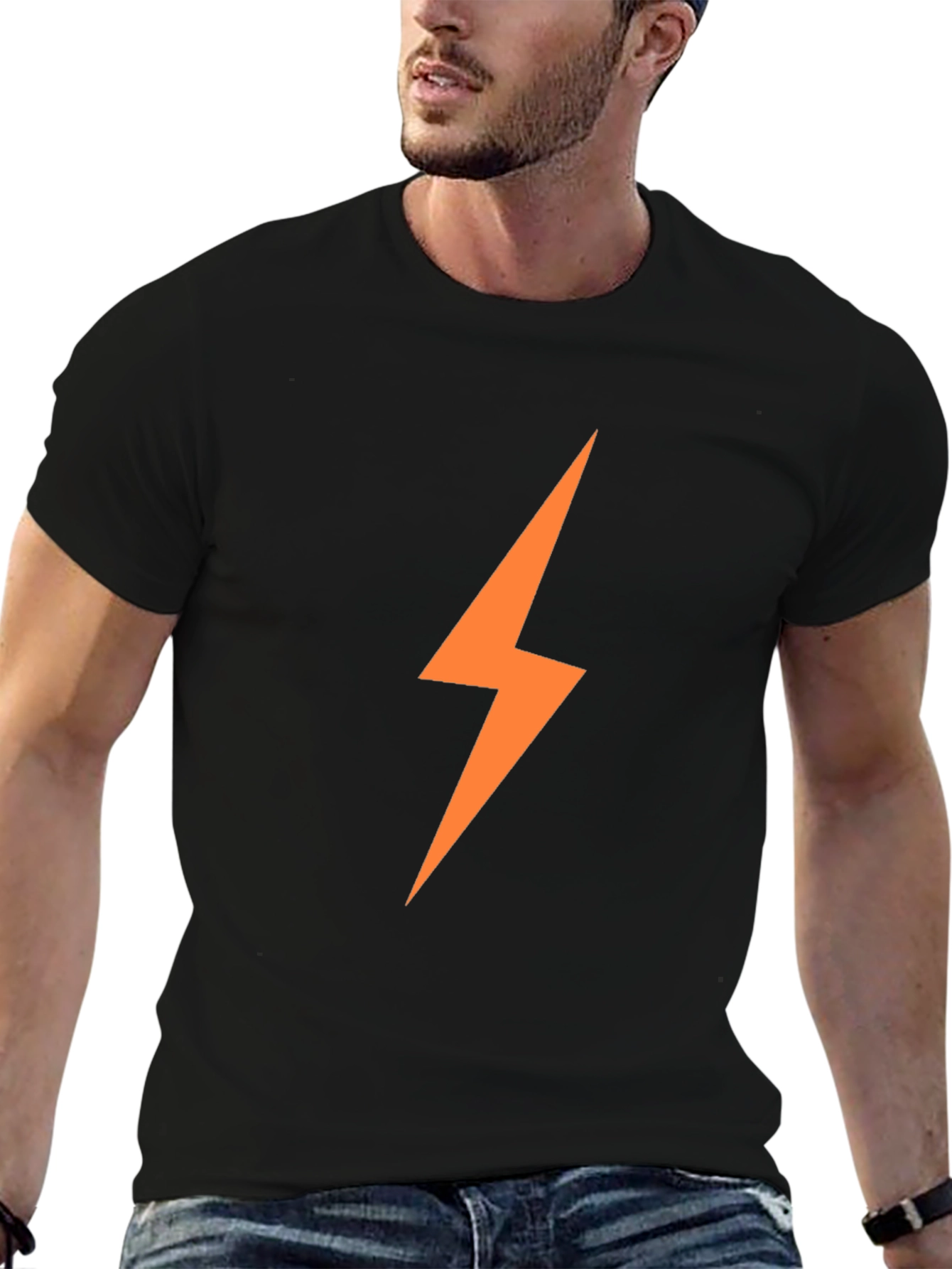 Mens Black T-Shirt with Orange Lightning Bolt
