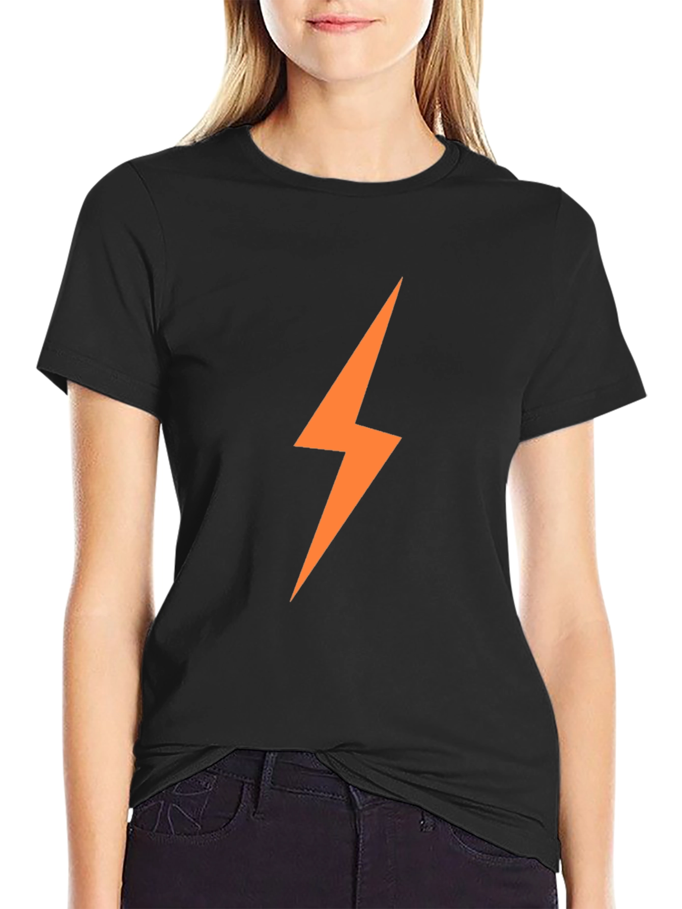 Mens Black T-Shirt with Orange Lightning Bolt