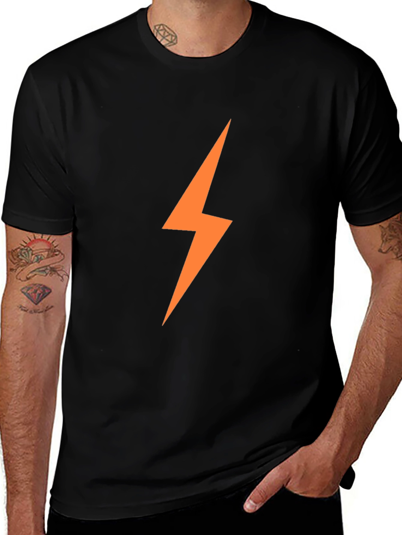 Mens Black T-Shirt with Orange Lightning Bolt