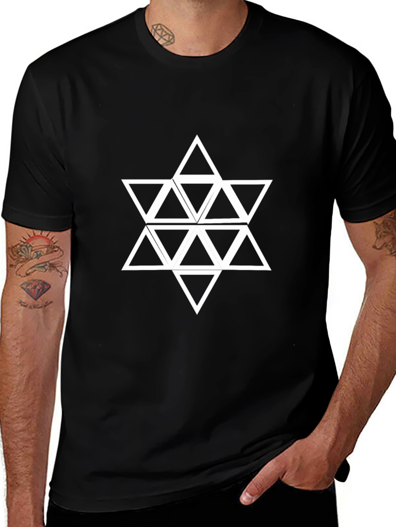 Geometric Triangle Star Graphic Tee - Black