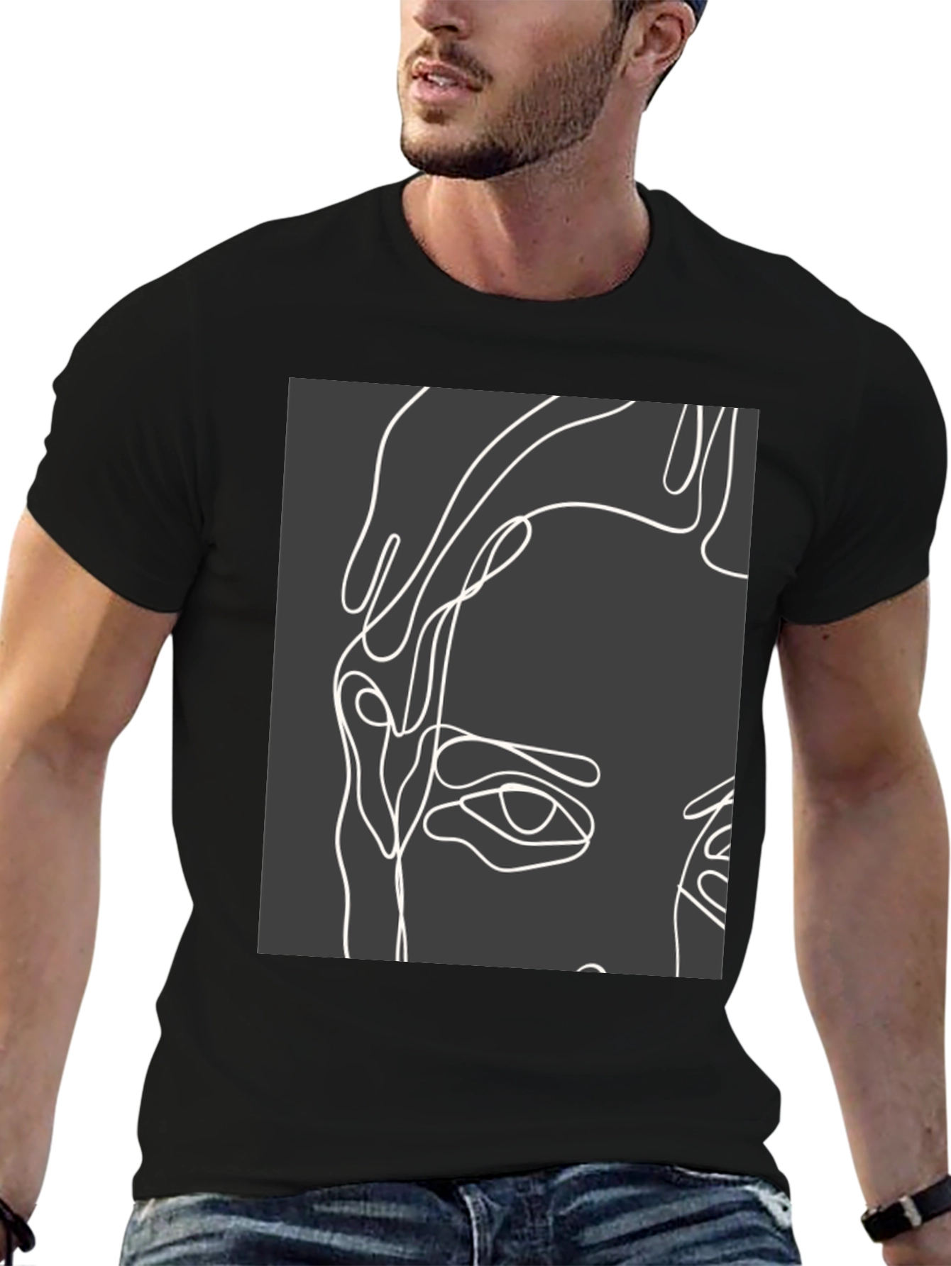 Abstract Face Line Art Black T-Shirt