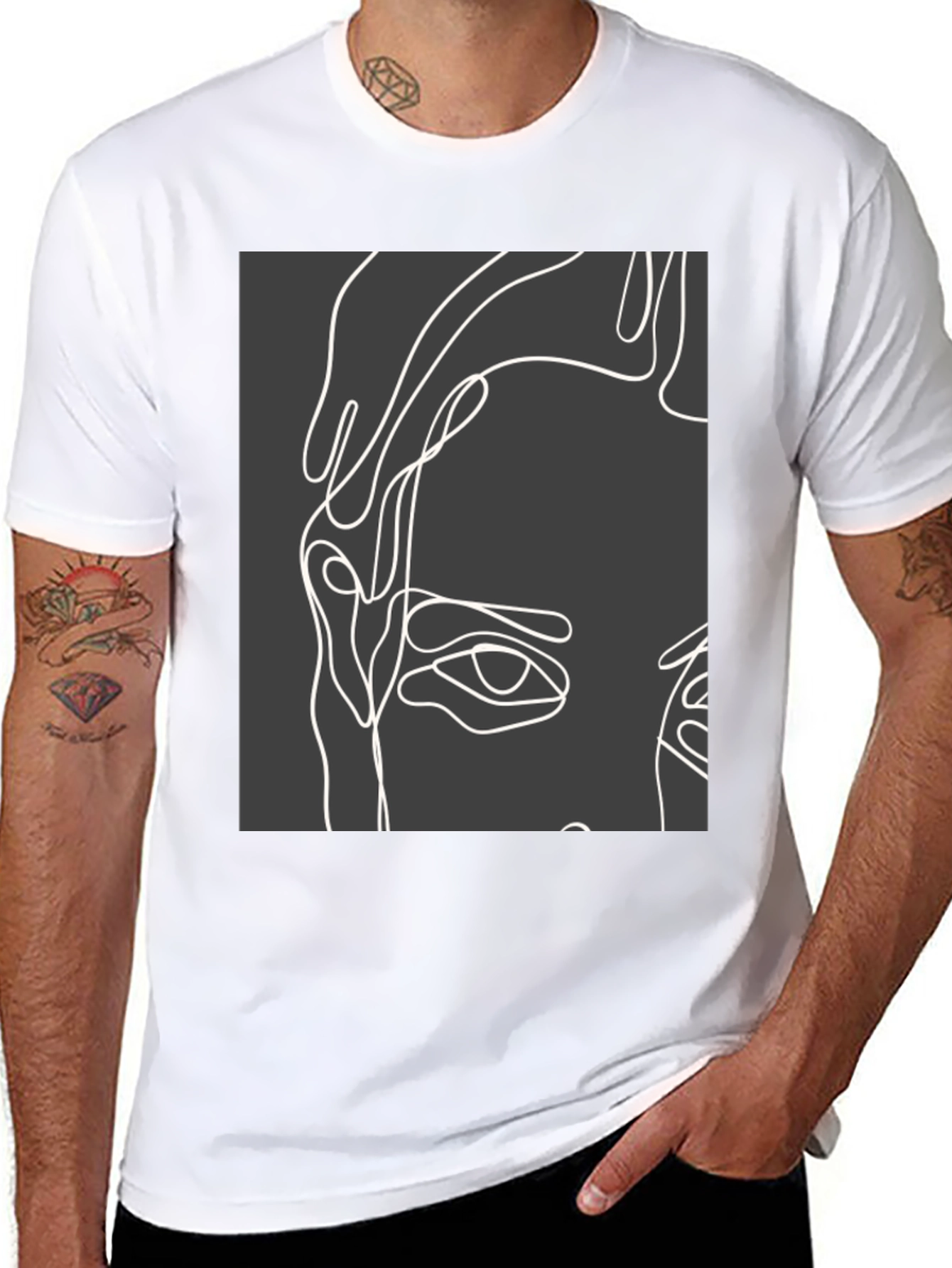 Abstract Face Line Art Black T-Shirt