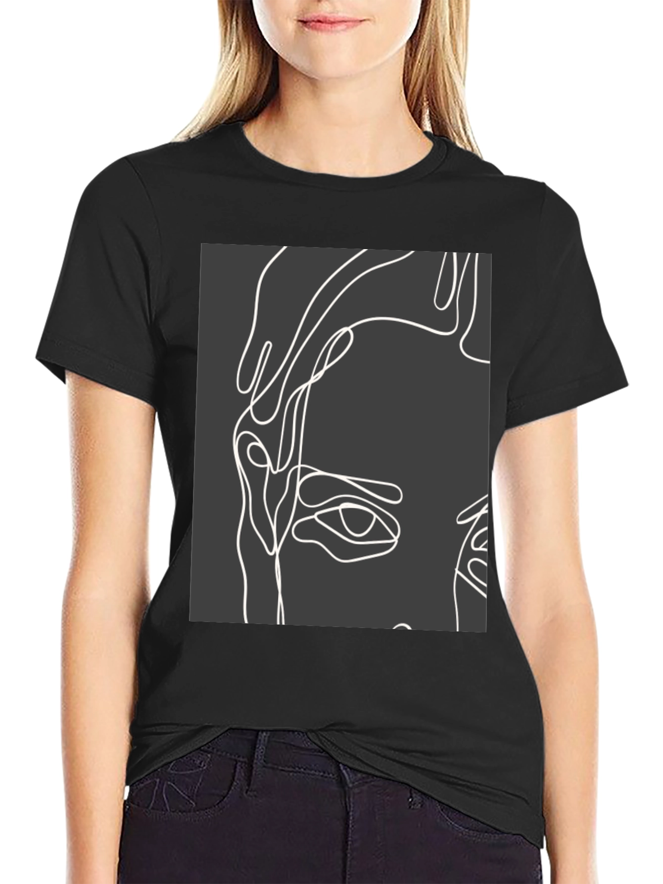 Abstract Face Line Art Black T-Shirt