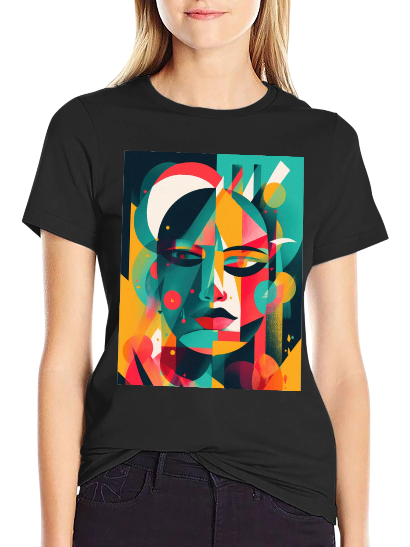 Abstract Geometric Face Graphic Black T-Shirt