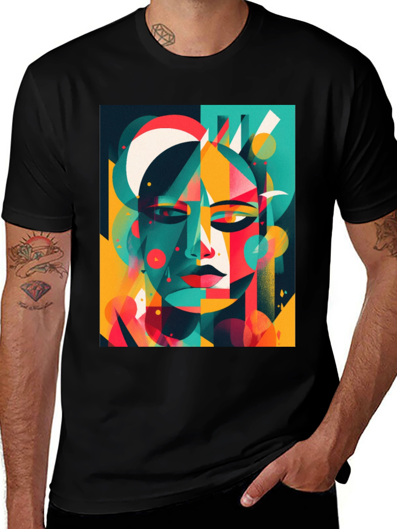 Abstract Geometric Face Graphic Black T-Shirt