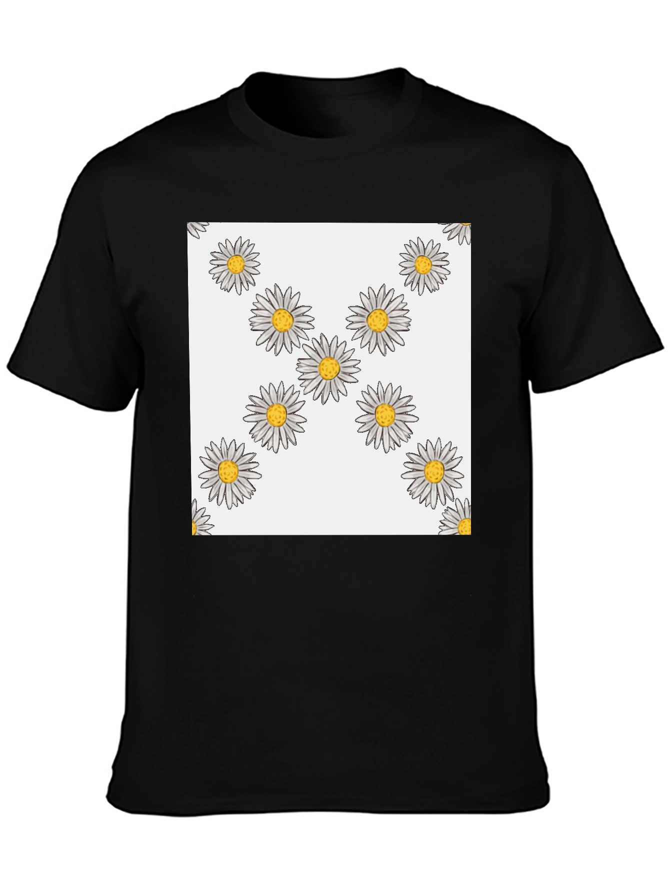 Daisy Pattern T-Shirt - Casual Black Tee