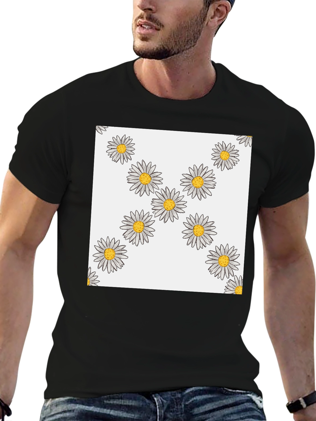 Daisy Pattern T-Shirt - Casual Black Tee