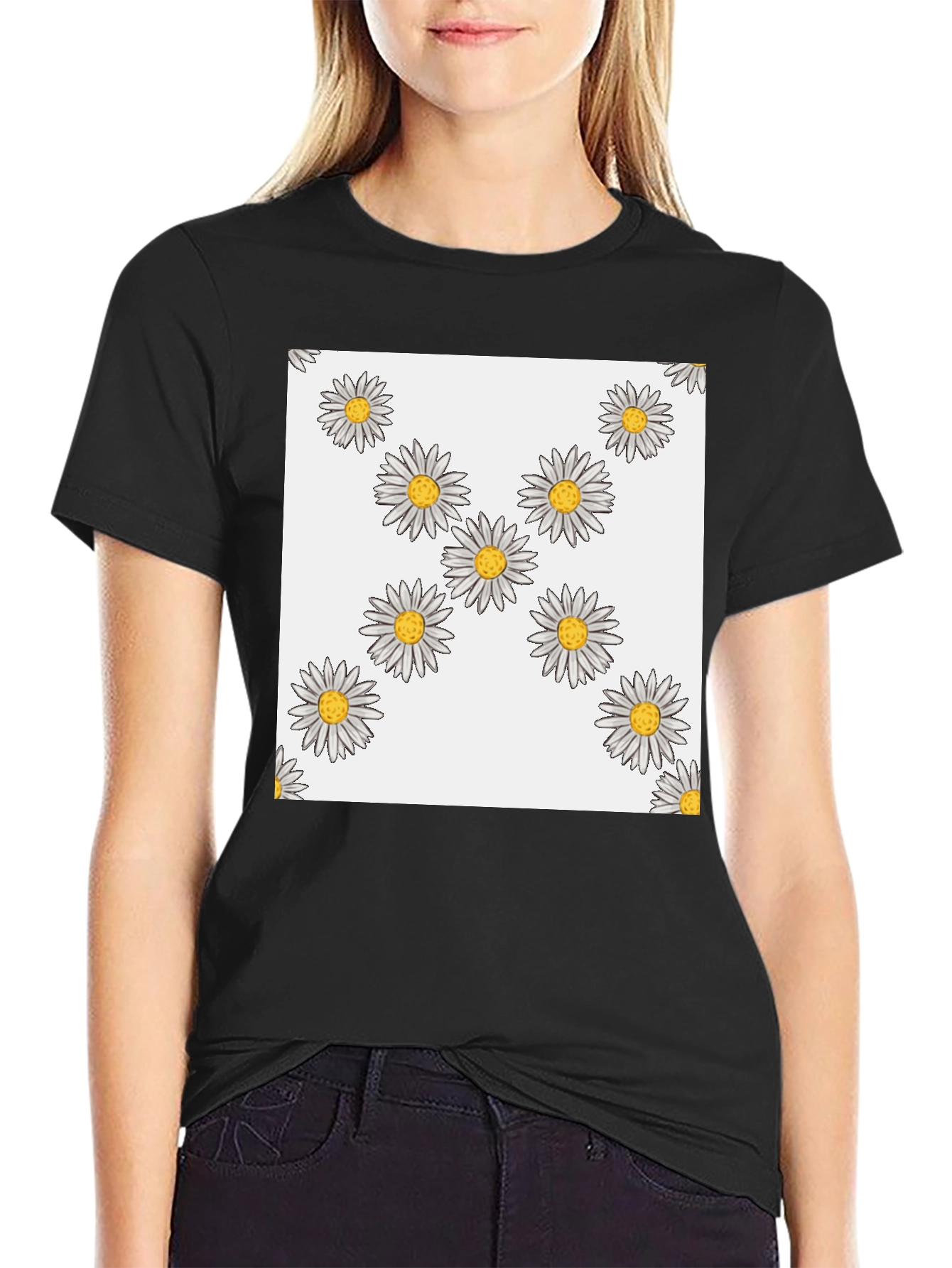 Daisy Pattern T-Shirt - Casual Black Tee