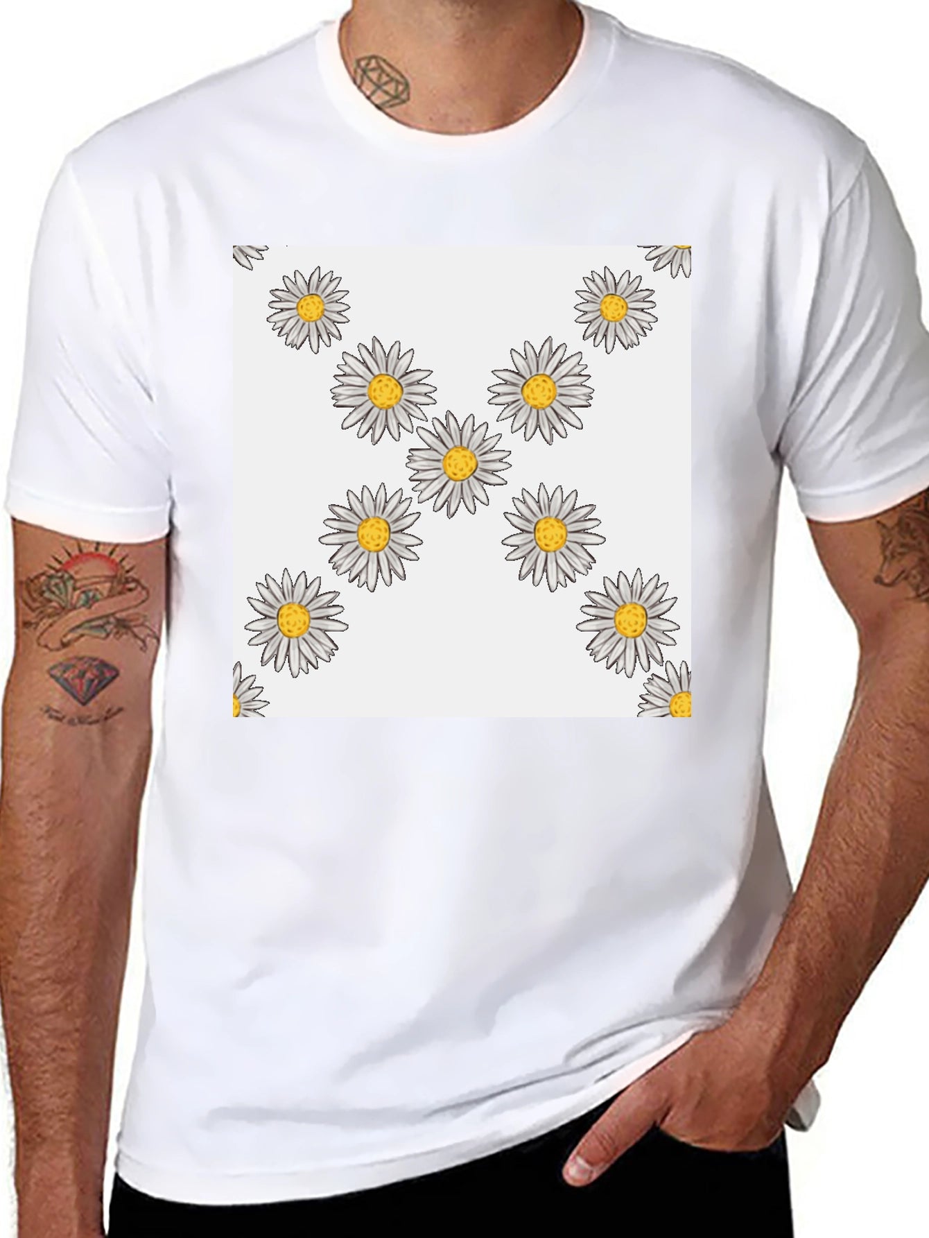 Daisy Pattern T-Shirt - Casual Black Tee