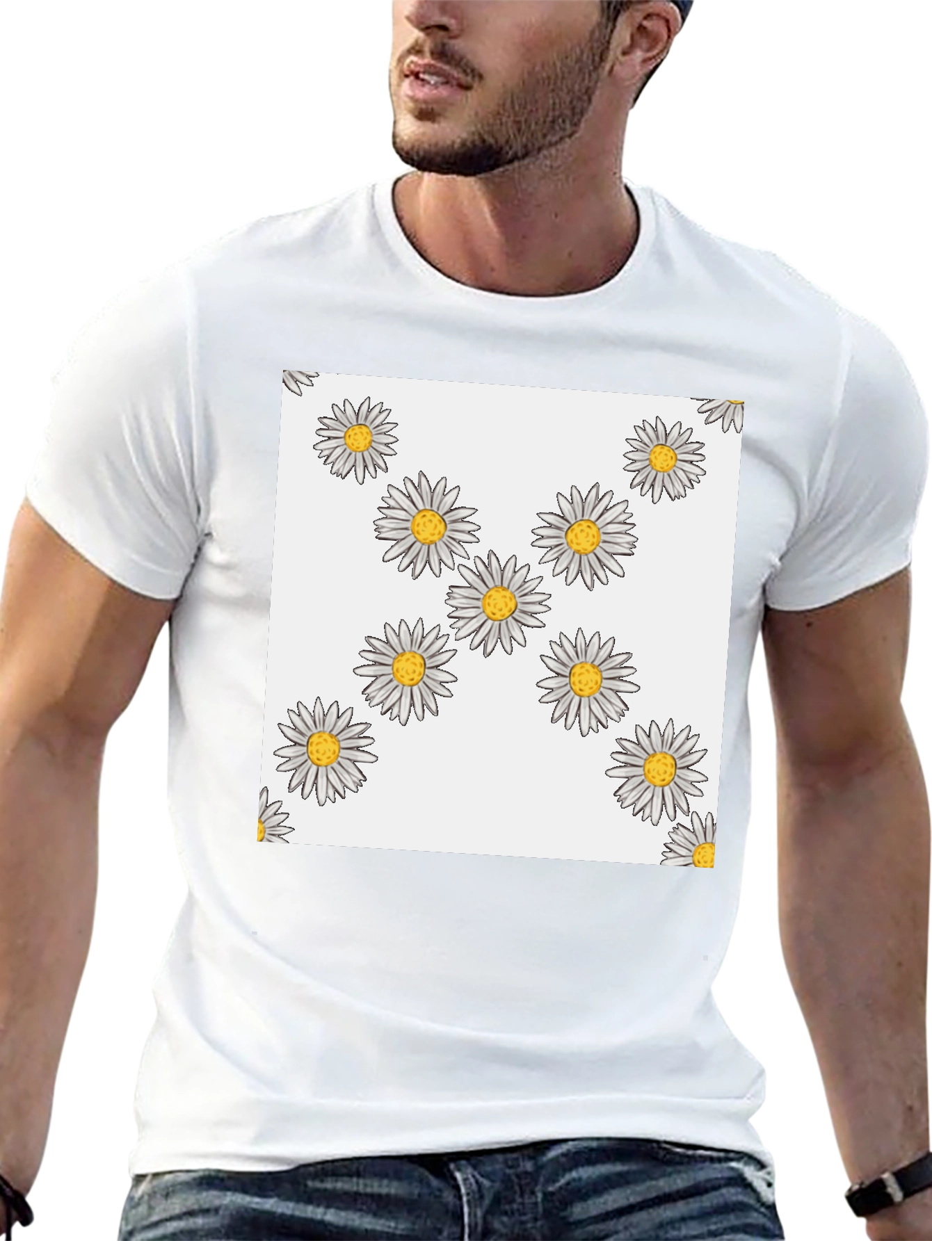 Daisy Pattern T-Shirt - Casual Black Tee