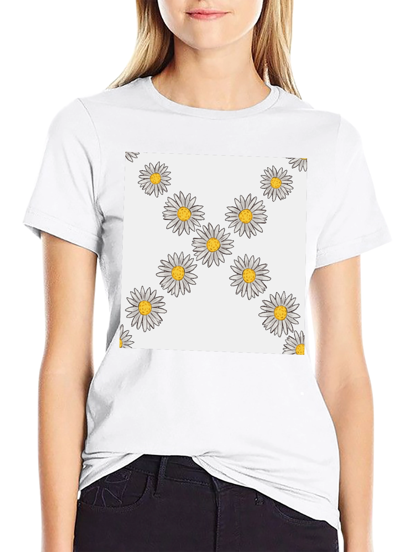 Daisy Pattern T-Shirt - Casual Black Tee