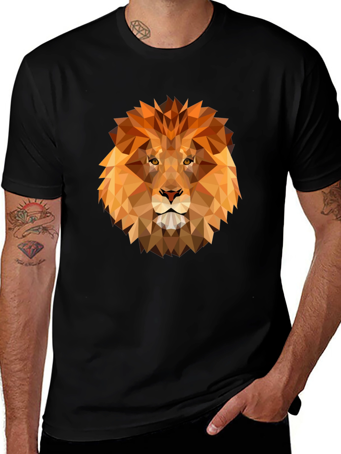 Geometric Lion Graphic Print Tee - Black