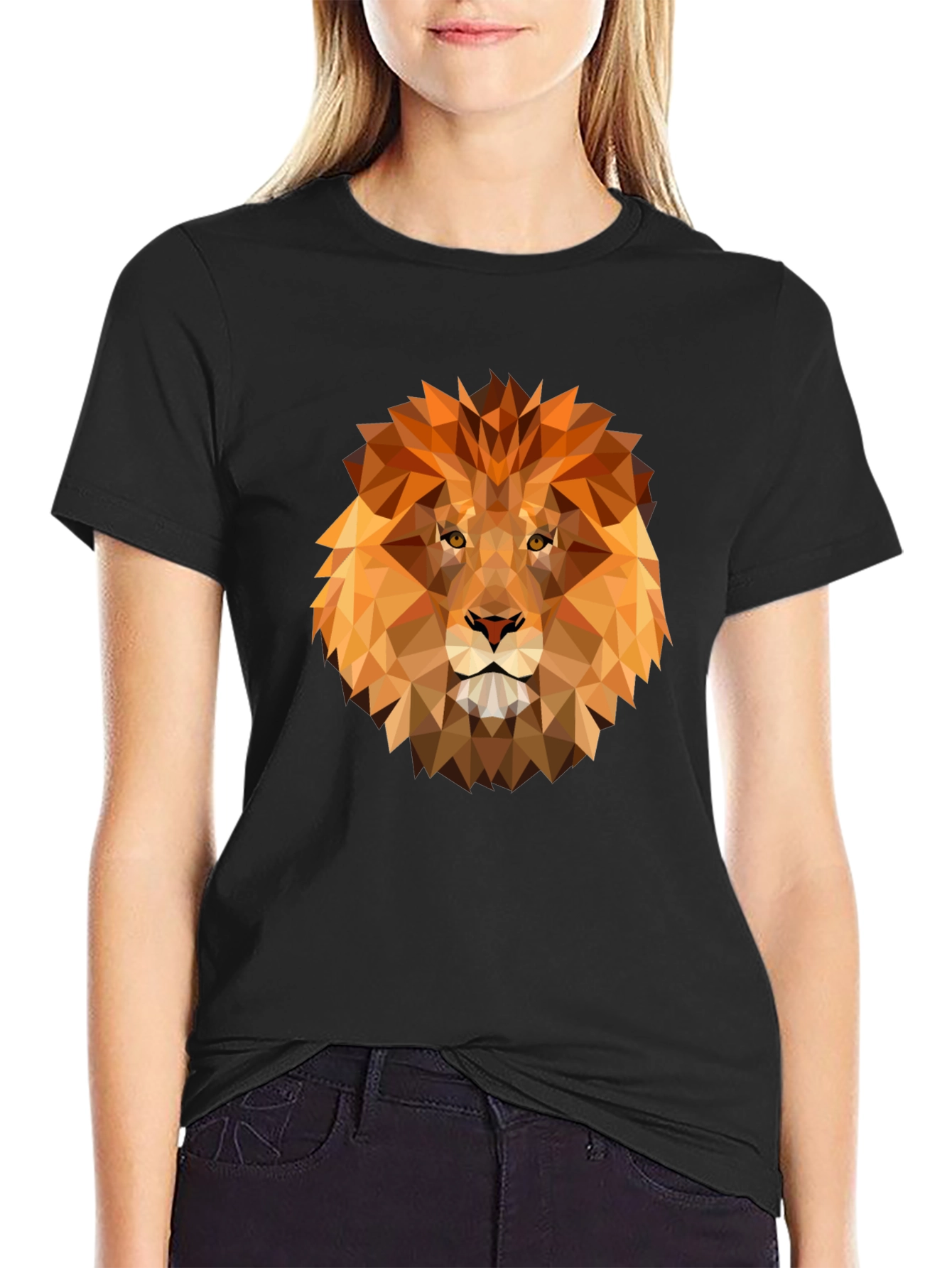 Geometric Lion Graphic Print Tee - Black