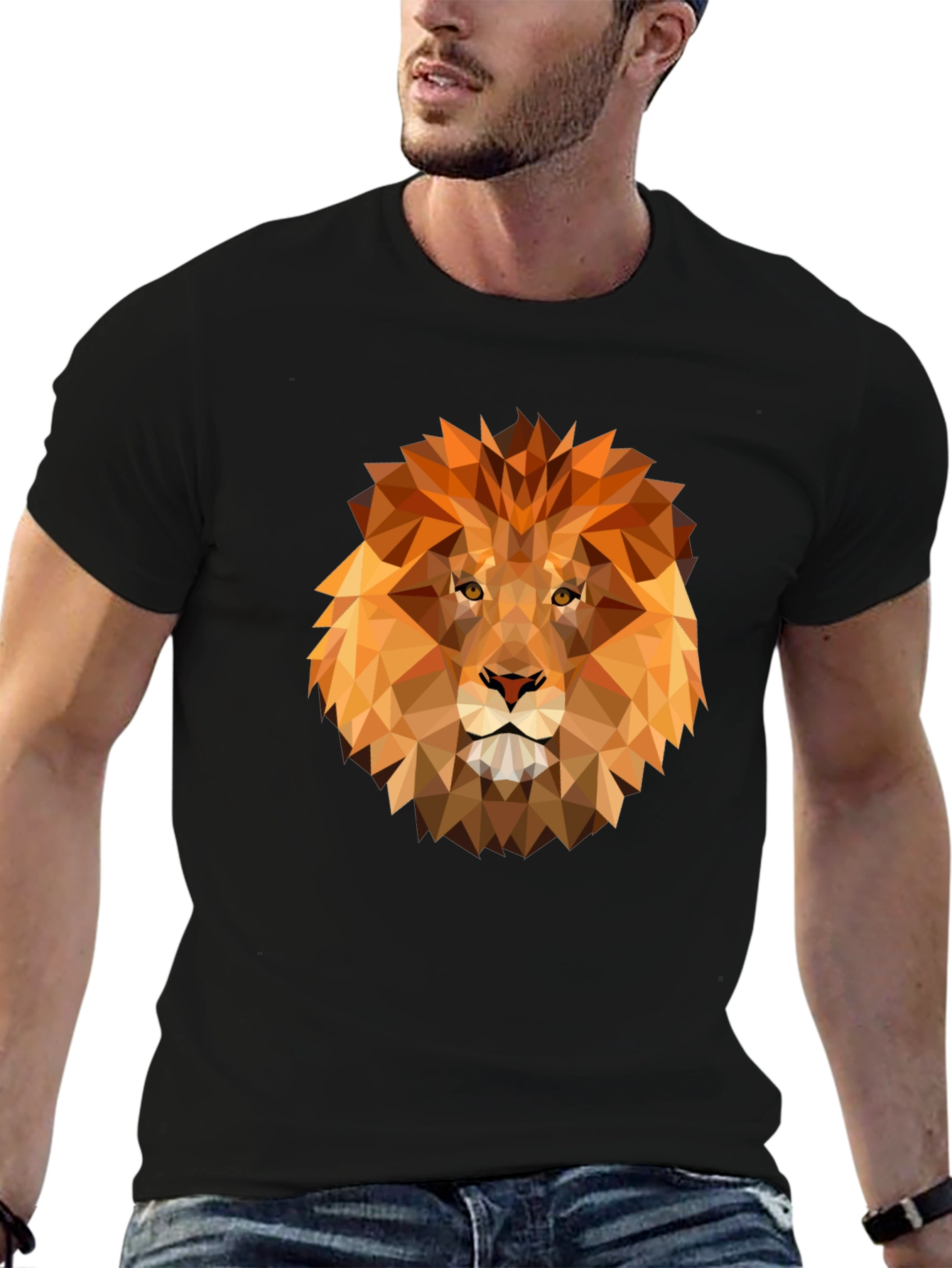 Geometric Lion Graphic Print Tee - Black
