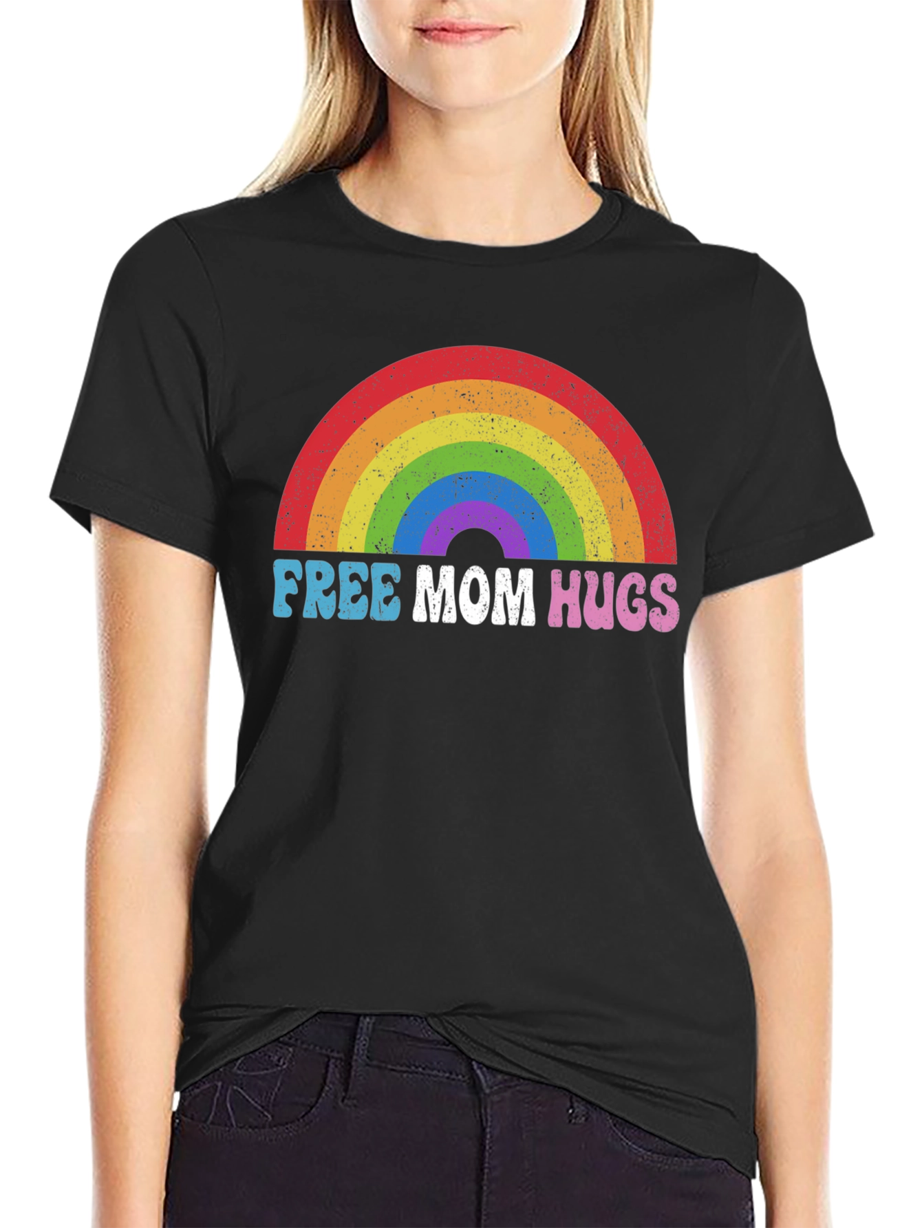 Free Mom Hugs Rainbow Graphic Tee - Black