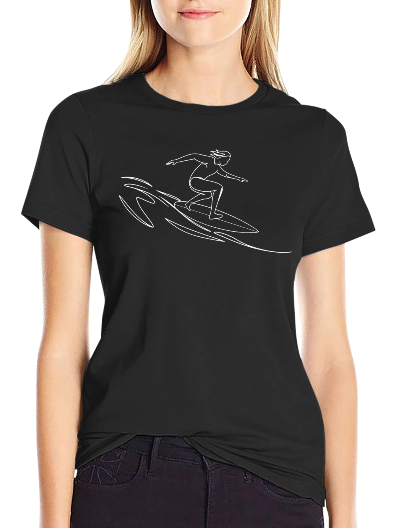 Surfer Line Art Black T-Shirt
