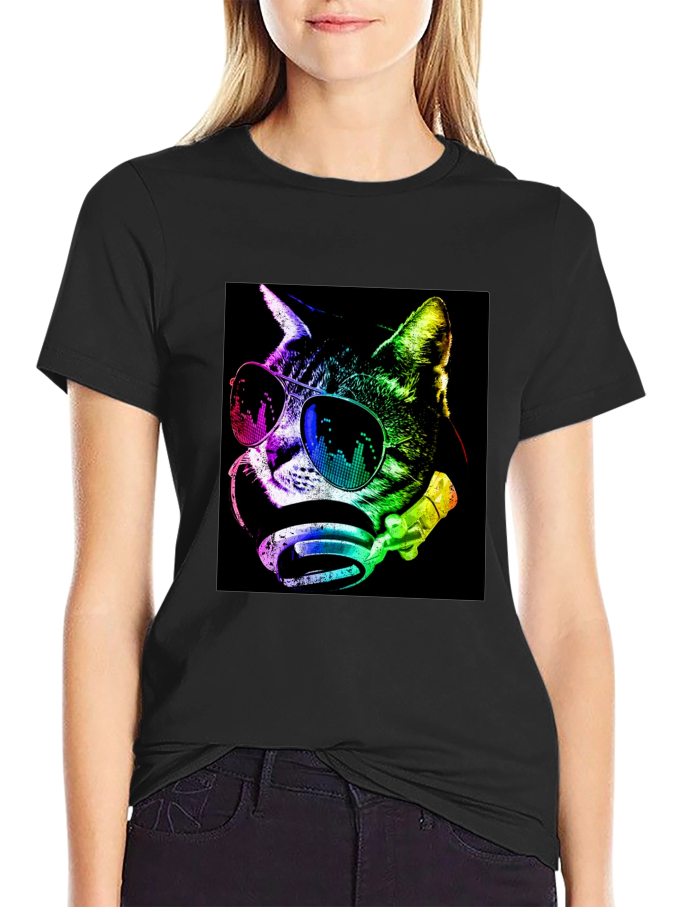 Cool Cat Graphic Tee - Trendy Black T-Shirt