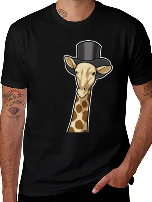 Giraffe Top Hat Graphic Tee - Black Cotton T-Shirt