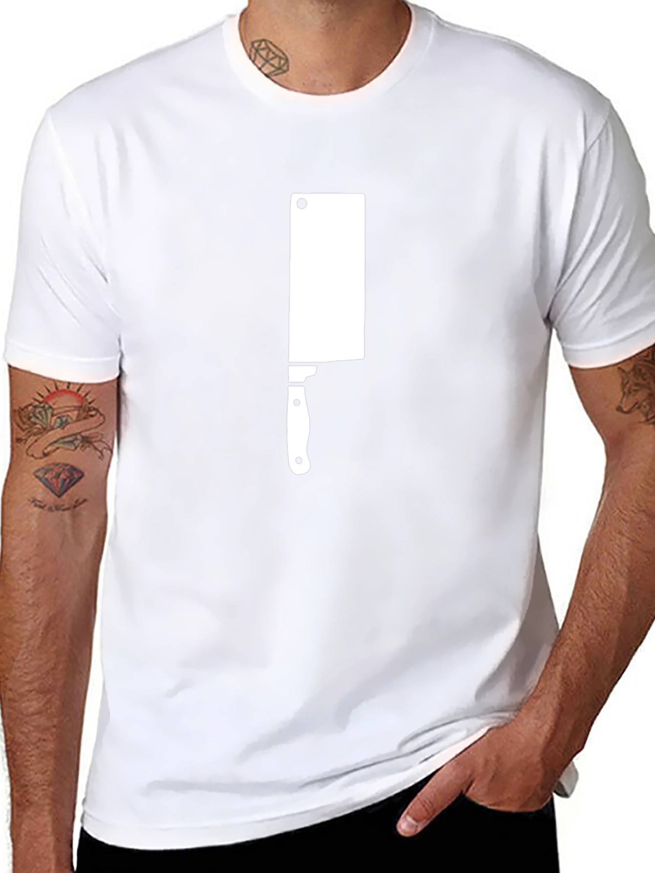 Black T-Shirt with White Meat Cleaver Graphic Print