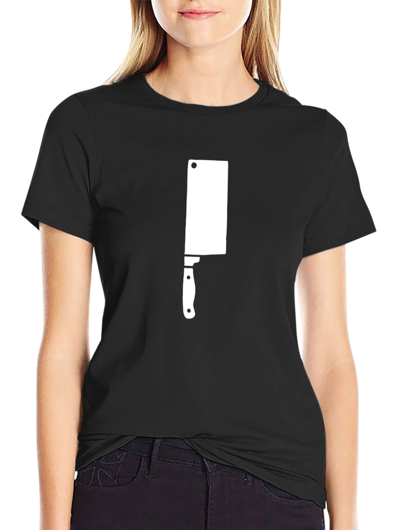 Black T-Shirt with White Meat Cleaver Graphic Print