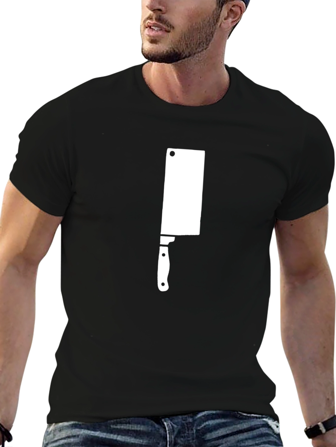 Black T-Shirt with White Meat Cleaver Graphic Print