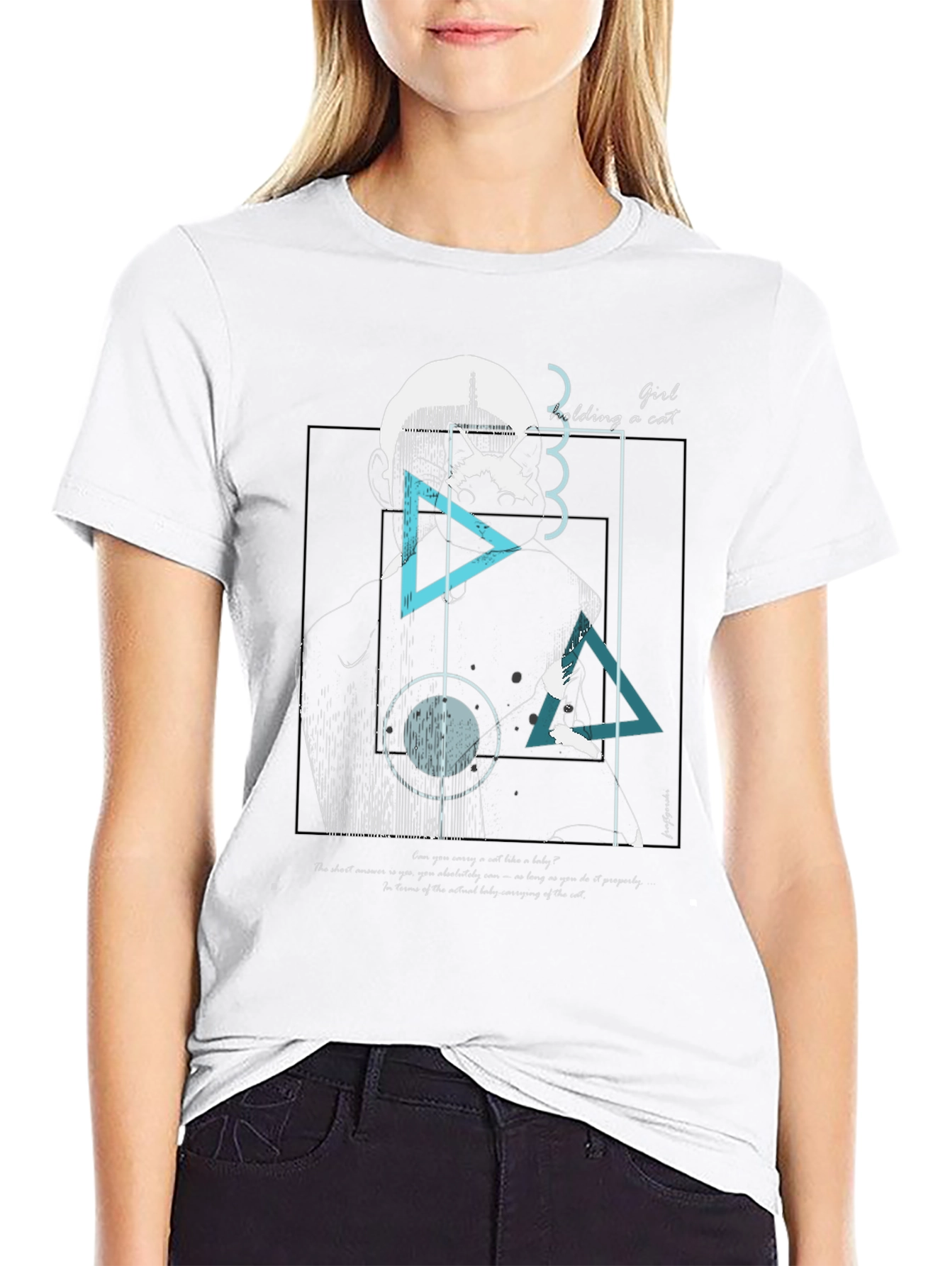 Abstract Girl Holding Cat Graphic Tee