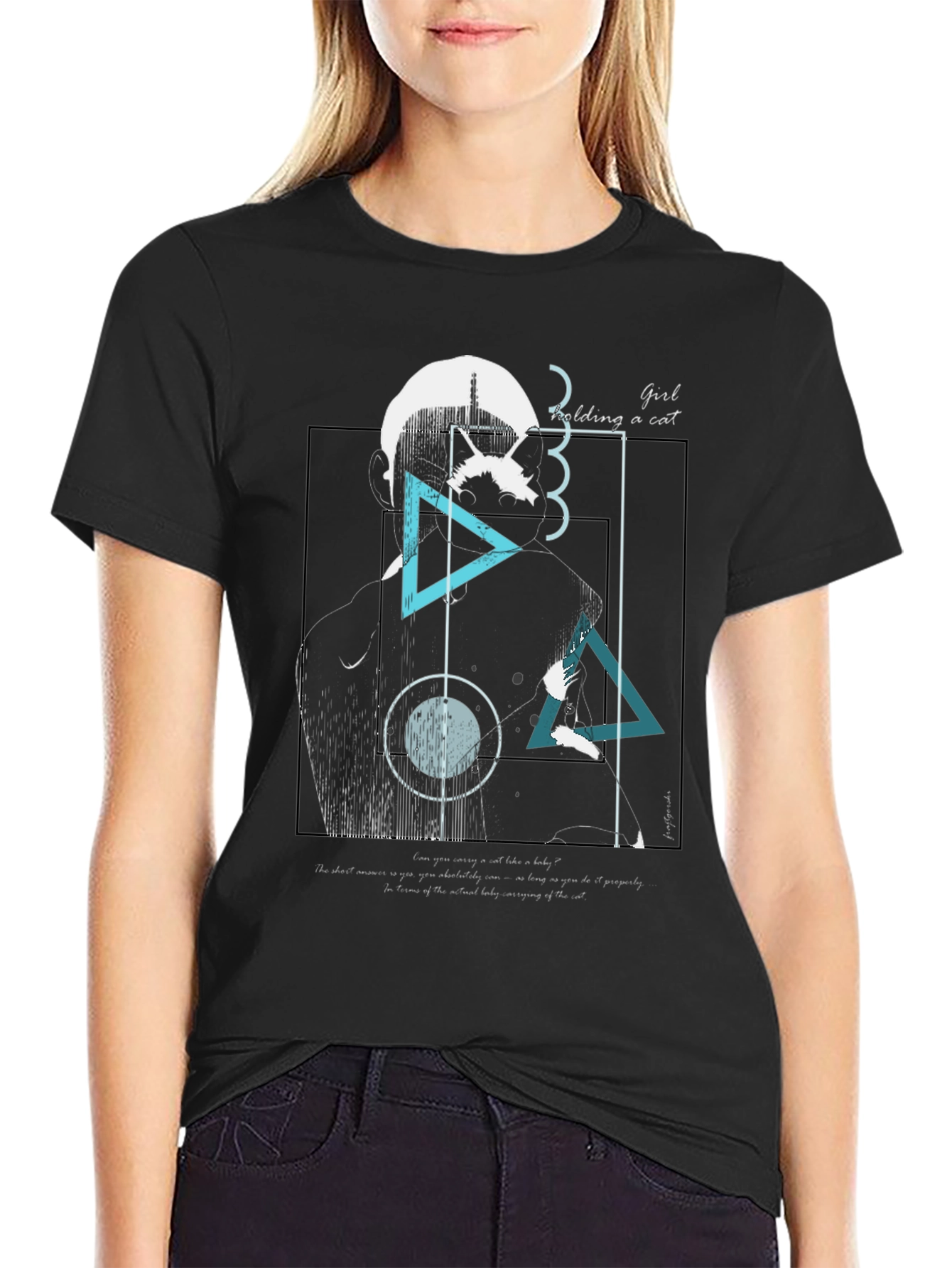 Abstract Girl Holding Cat Graphic Tee
