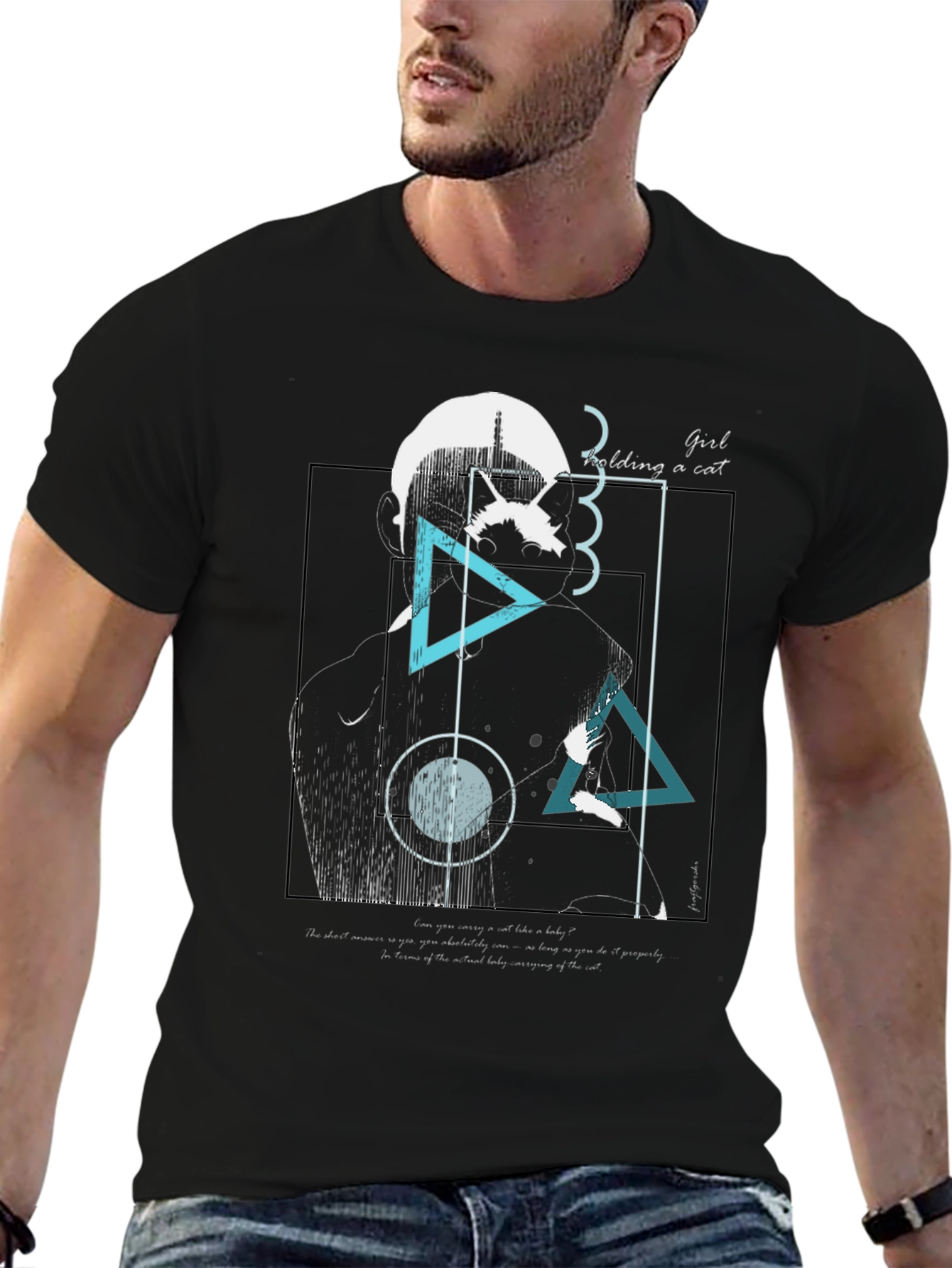 Abstract Girl Holding Cat Graphic Tee