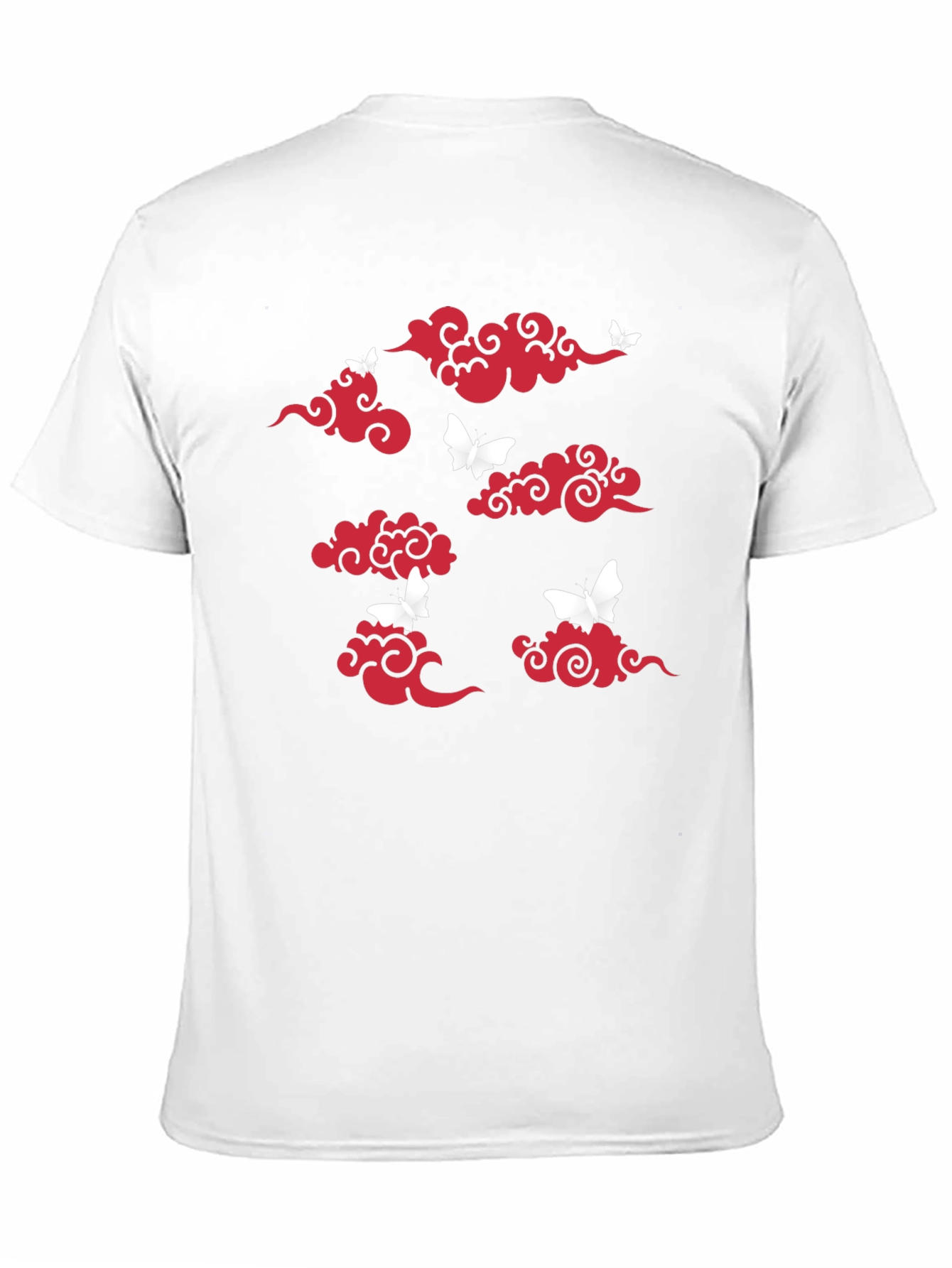 Black T-Shirt with Red Clouds & White Butterflies Print