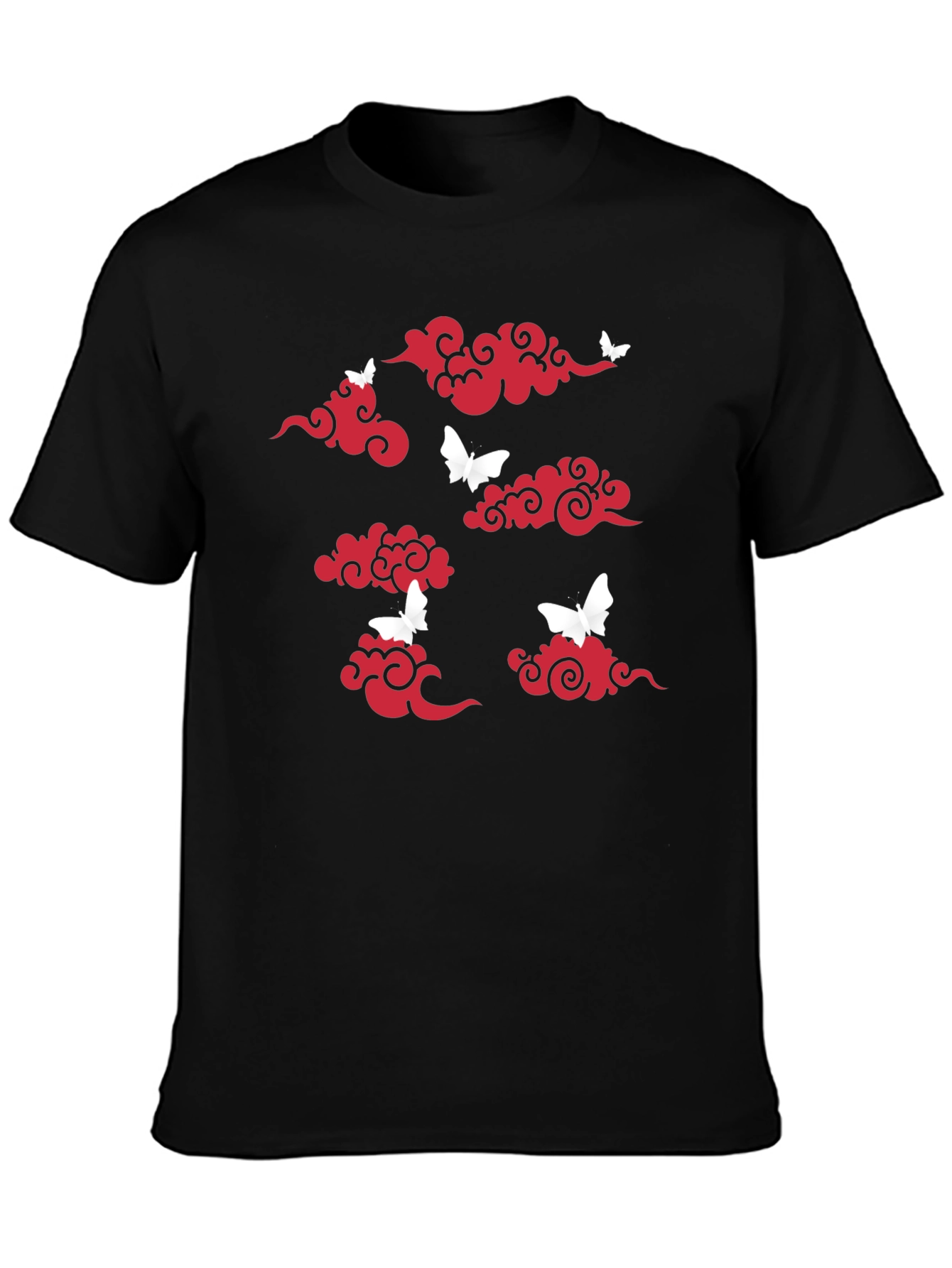 Black T-Shirt with Red Clouds & White Butterflies Print