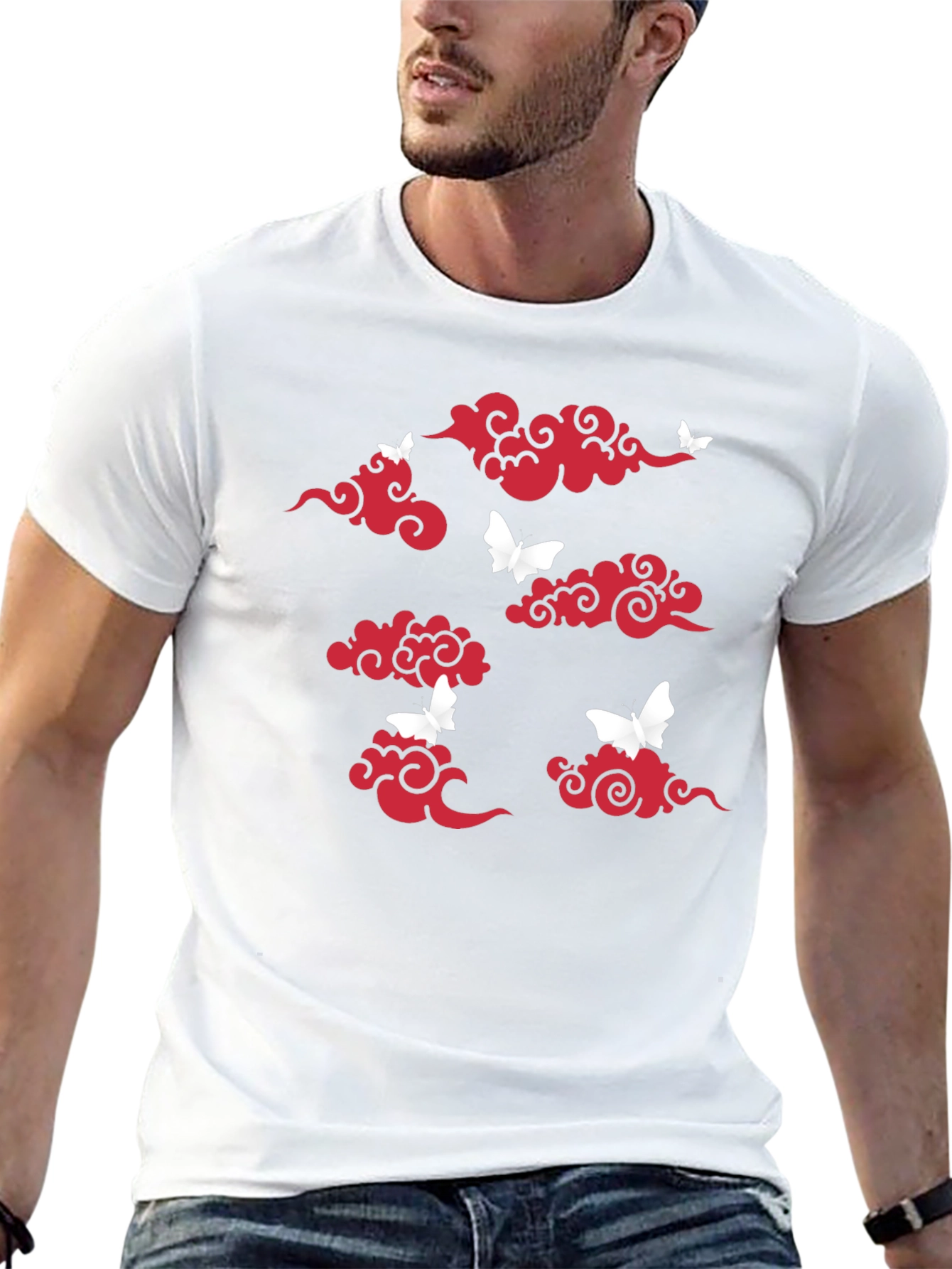 Black T-Shirt with Red Clouds & White Butterflies Print