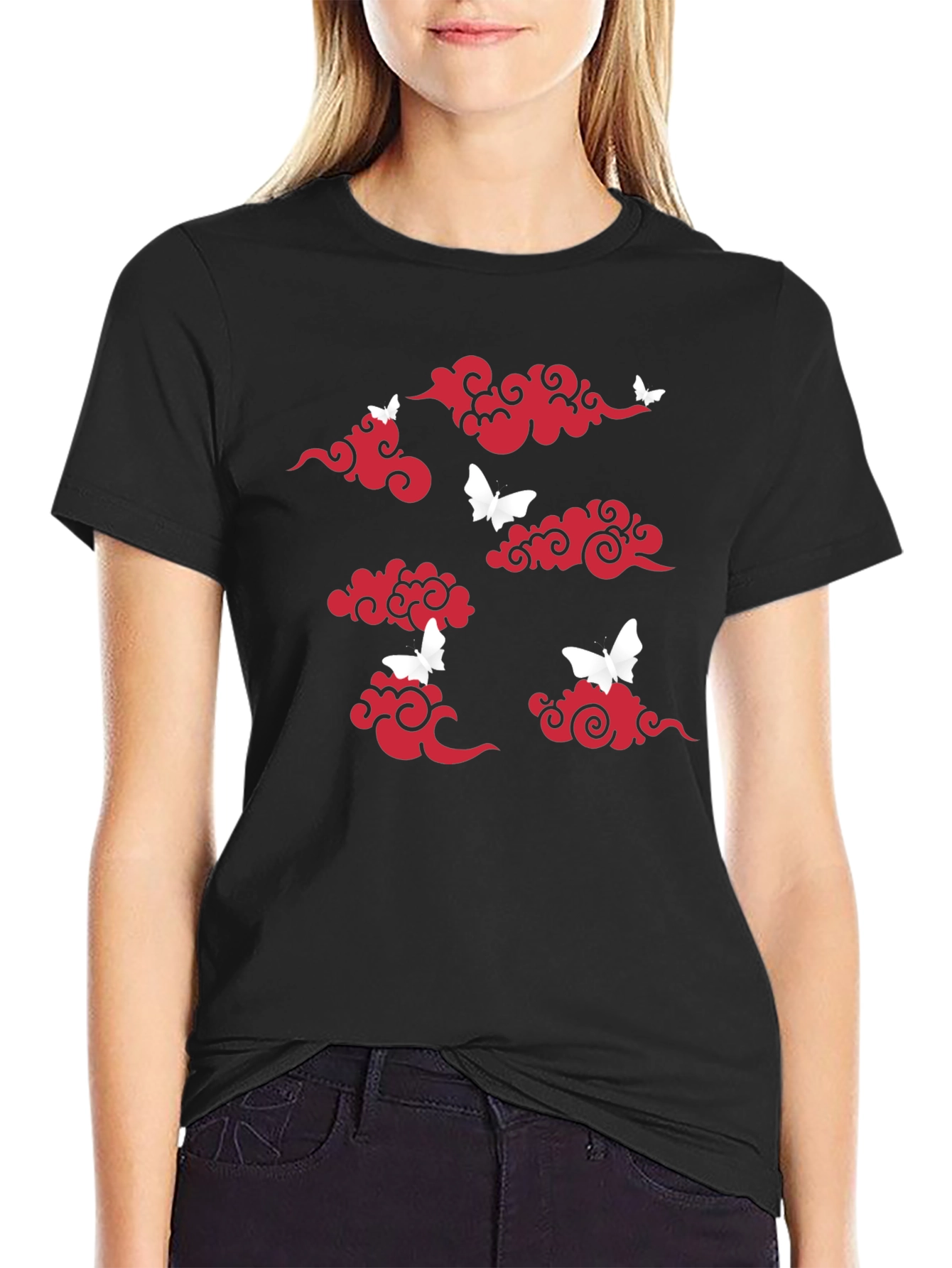 Black T-Shirt with Red Clouds & White Butterflies Print