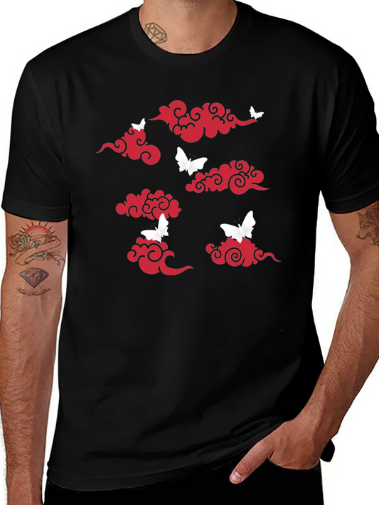 Black T-Shirt with Red Clouds & White Butterflies Print