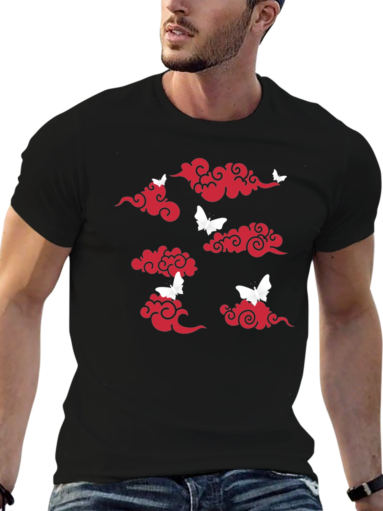 Black T-Shirt with Red Clouds & White Butterflies Print