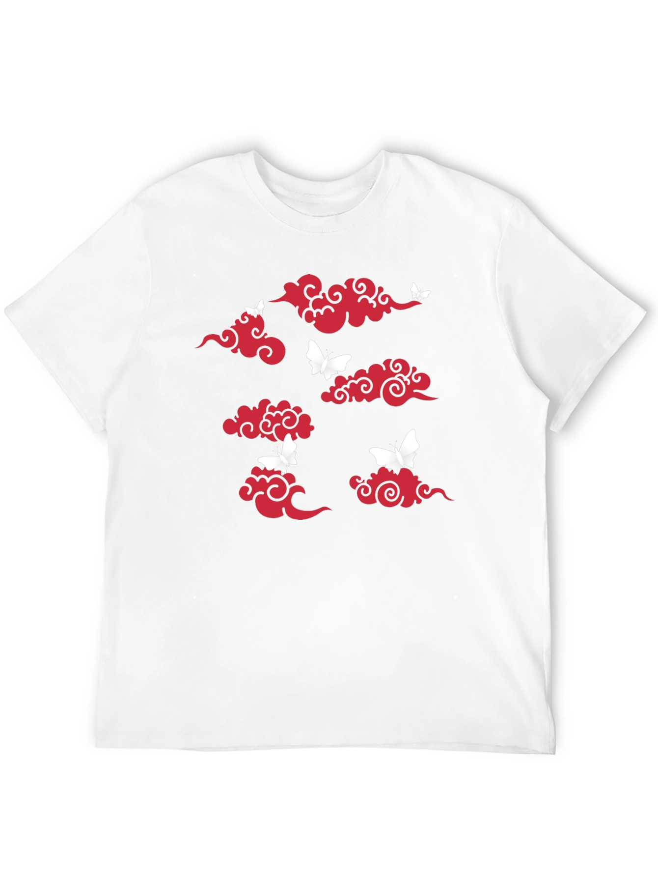 Black T-Shirt with Red Clouds & White Butterflies Print
