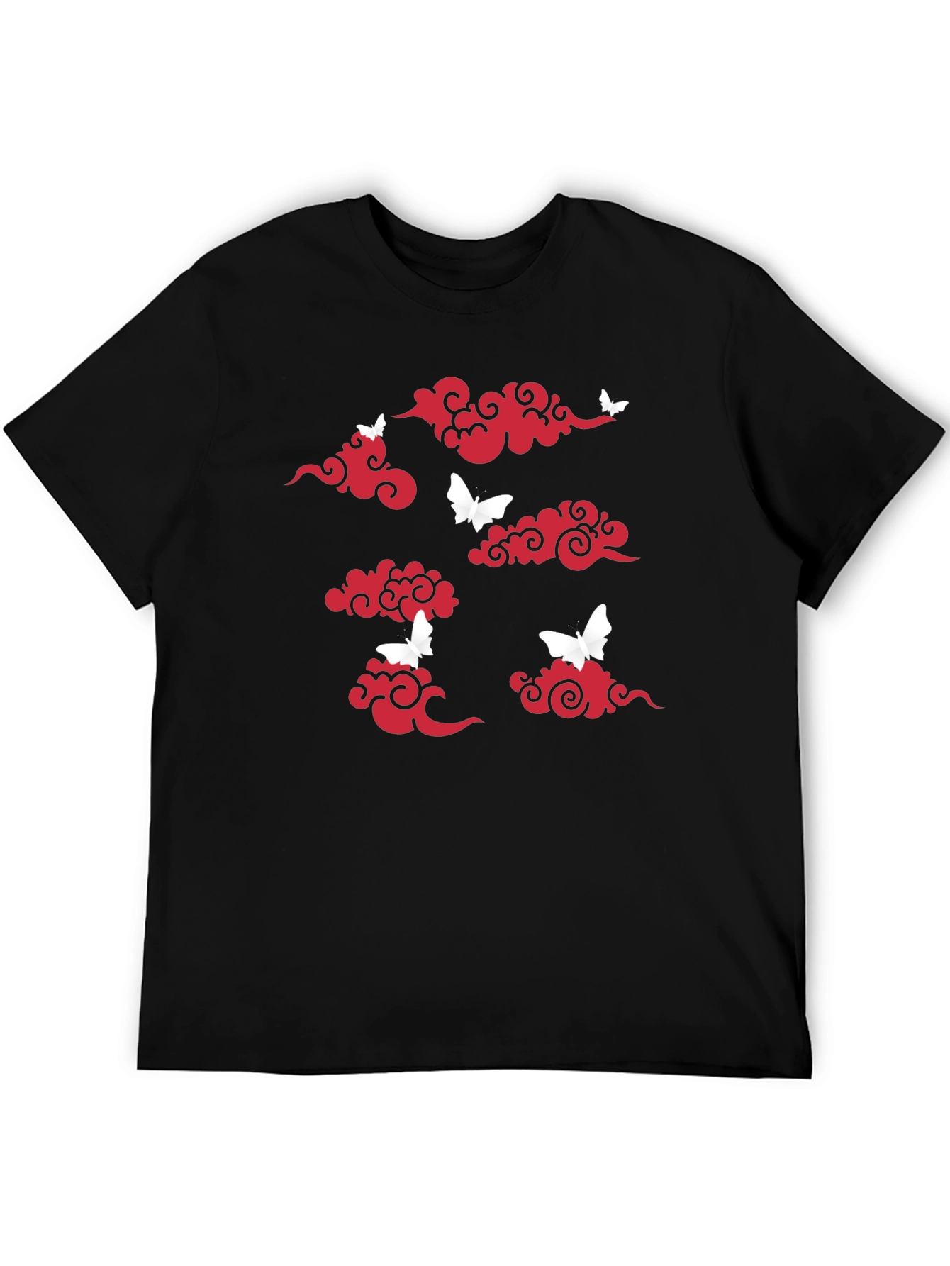 Black T-Shirt with Red Clouds & White Butterflies Print