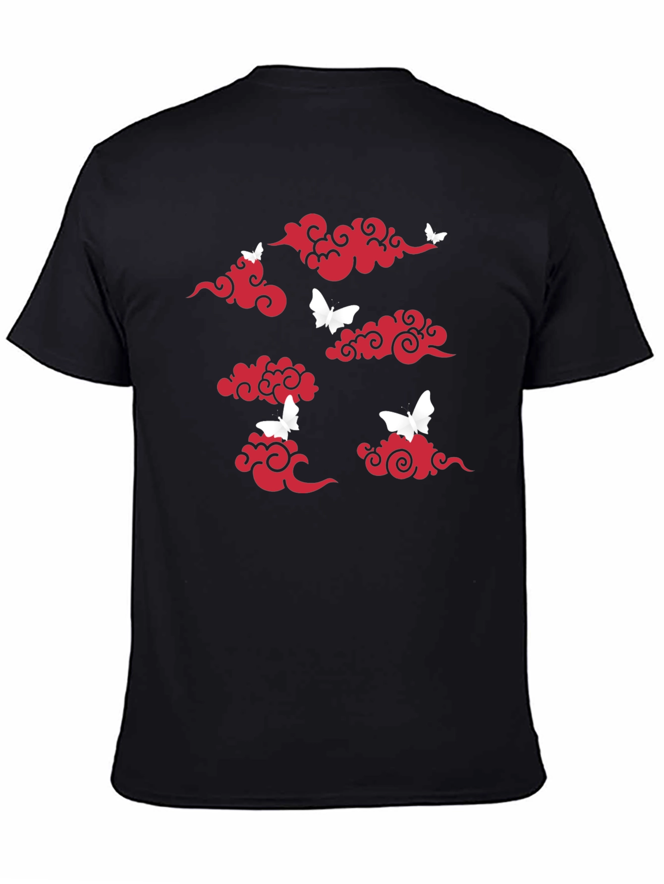 Black T-Shirt with Red Clouds & White Butterflies Print