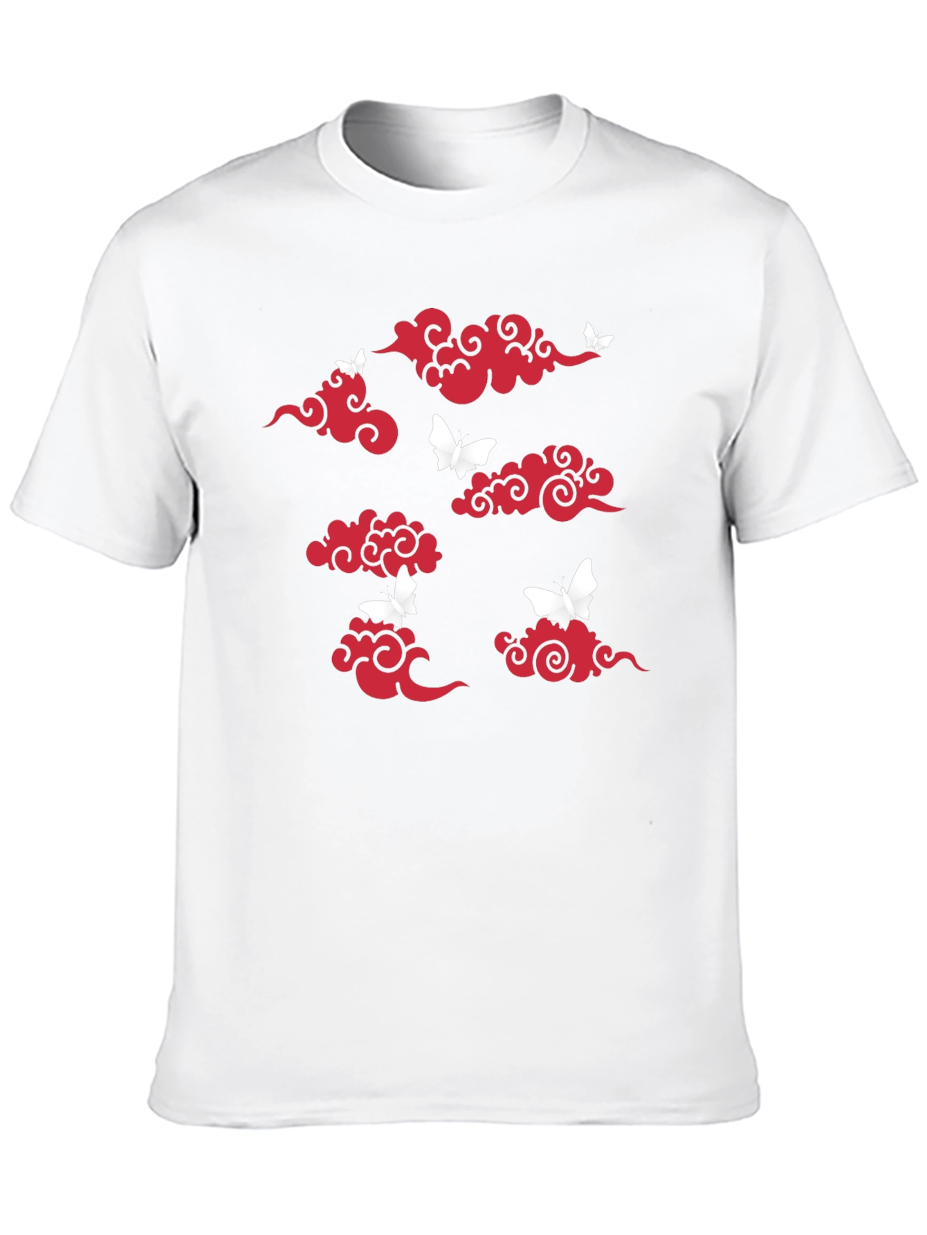 Black T-Shirt with Red Clouds & White Butterflies Print