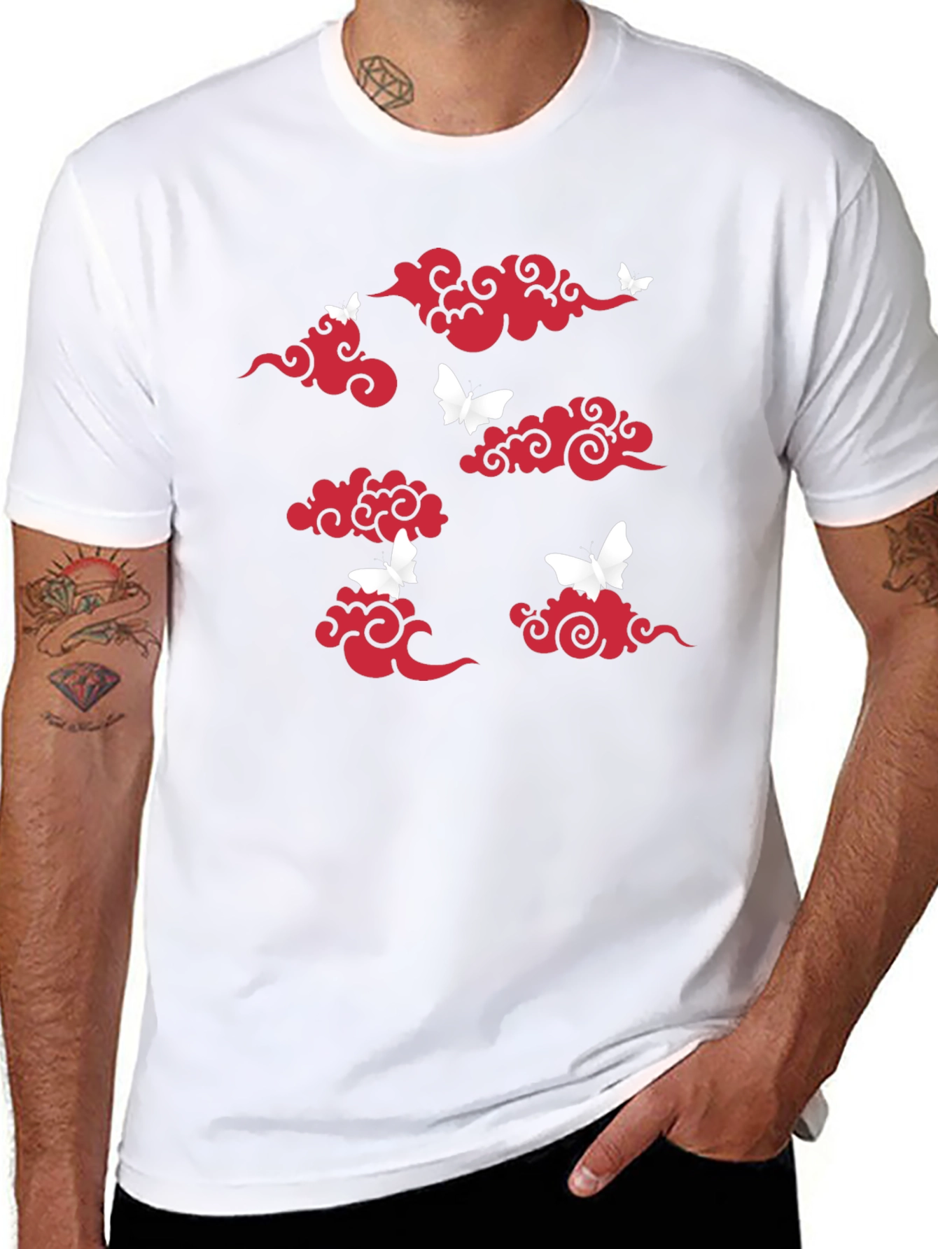 Black T-Shirt with Red Clouds & White Butterflies Print