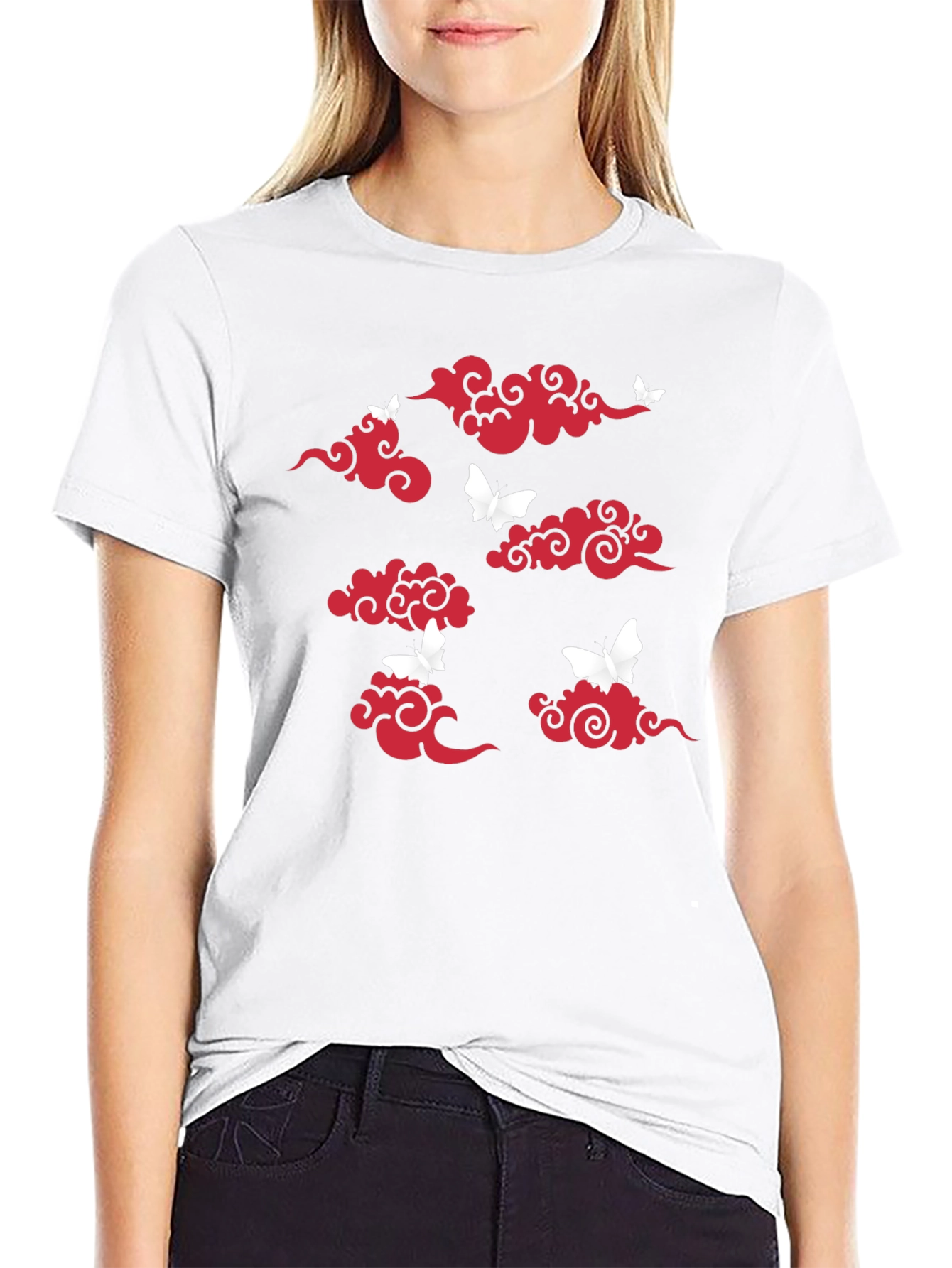 Black T-Shirt with Red Clouds & White Butterflies Print