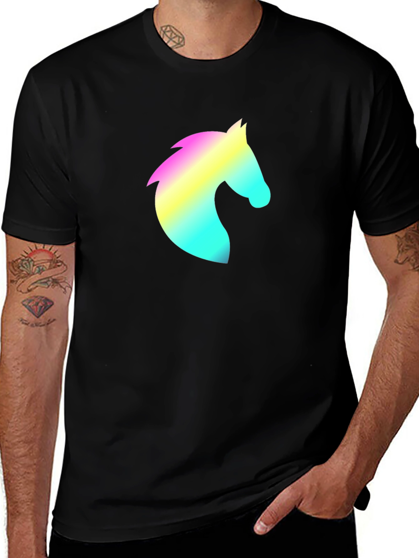 Mens Black T-Shirt with Rainbow Horse Head Design