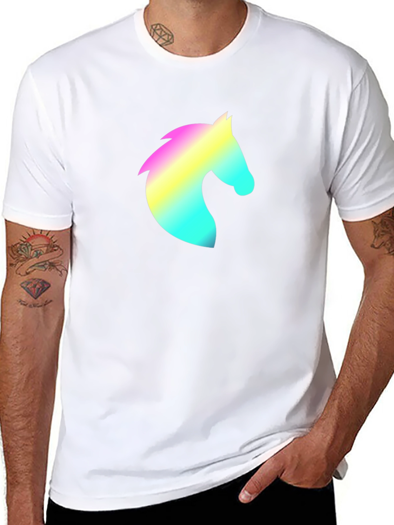 Mens Black T-Shirt with Rainbow Horse Head Design