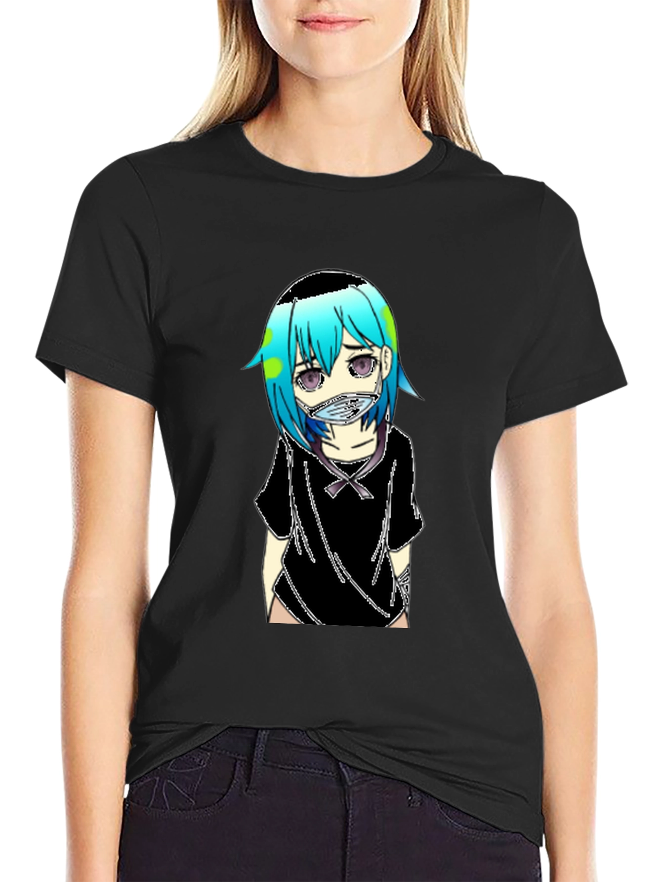 Anime Earth-Chan Face Mask Black T-Shirt