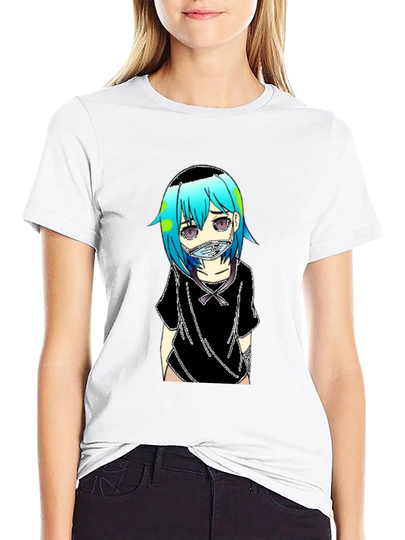 Anime Earth-Chan Face Mask Black T-Shirt