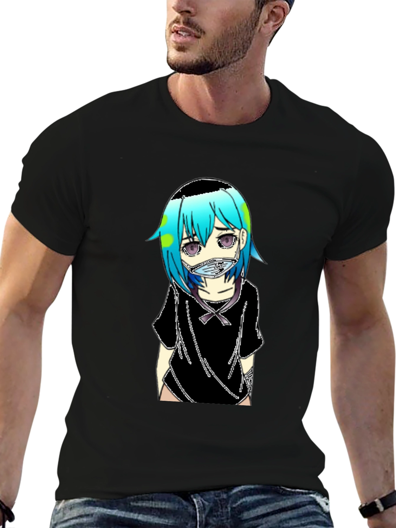 Anime Earth-Chan Face Mask Black T-Shirt