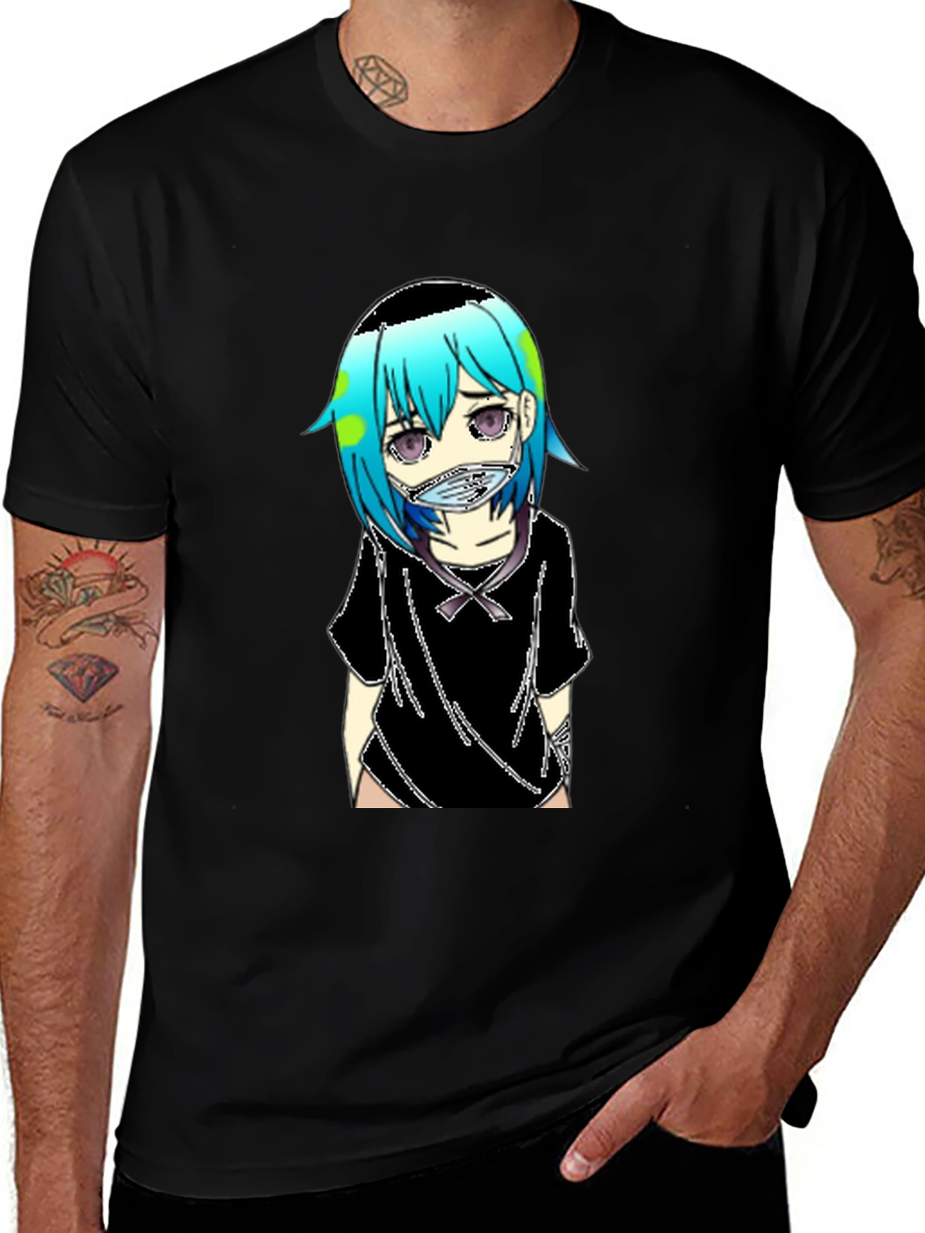 Anime Earth-Chan Face Mask Black T-Shirt