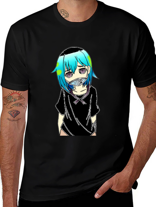 Anime Earth-Chan Face Mask Black T-Shirt