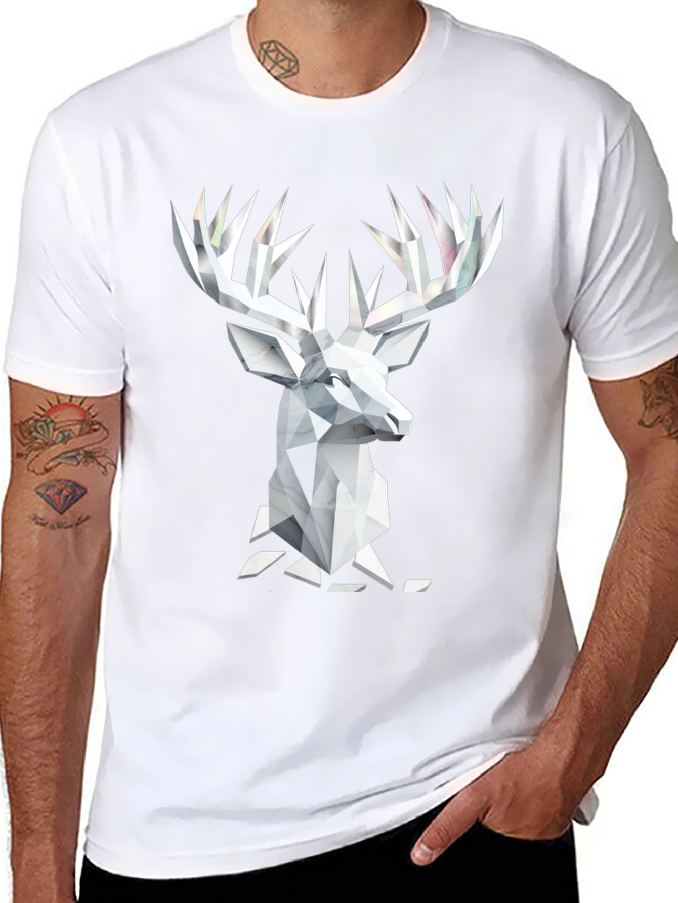 Geometric Deer Head Graphic Tee - Black